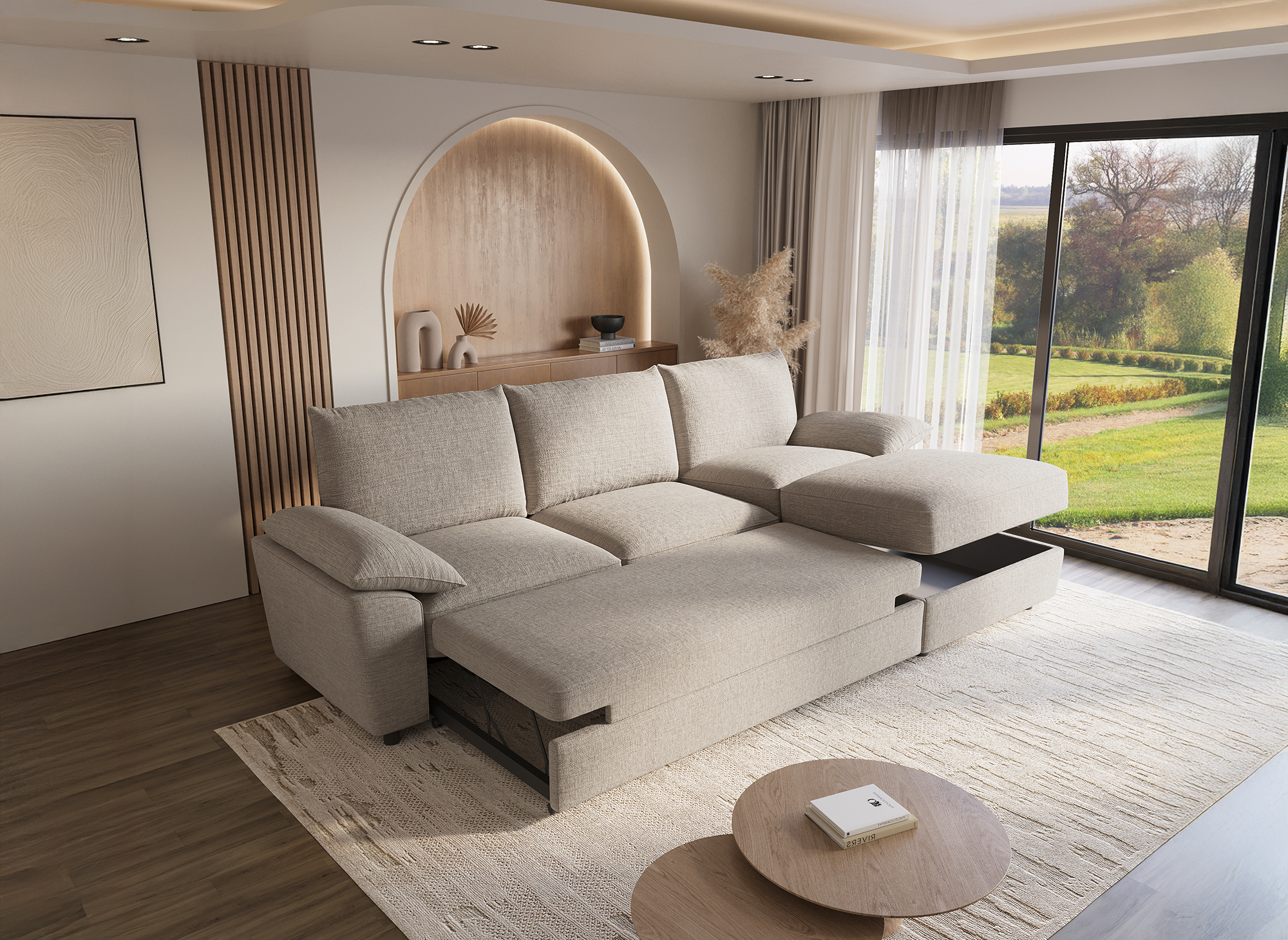 GABIN Ecksofa aus beige meliertem Samt mit Aufbewahrungsbox - Rechtwinklig