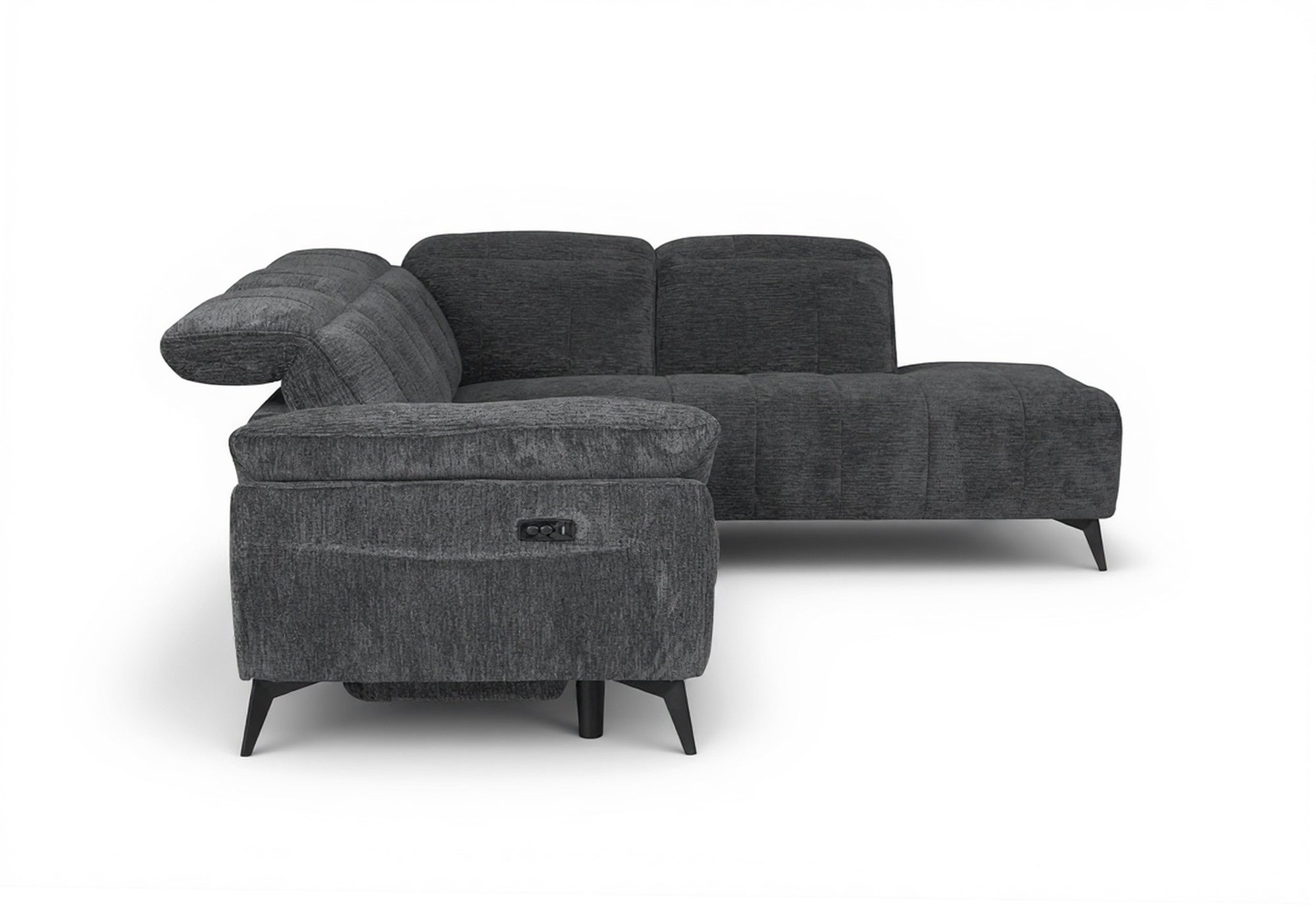 SOLINA Ecksofa mit elektrischer Liegefunktion aus grau meliertem Samt – rechtwinklig