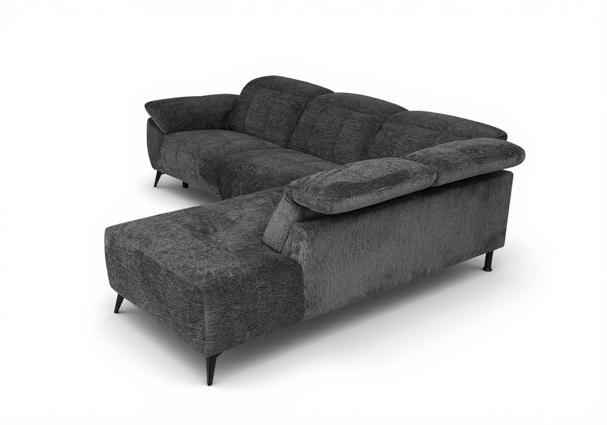 SOLINA Ecksofa mit elektrischer Liegefunktion aus grau meliertem Samt – rechtwinklig