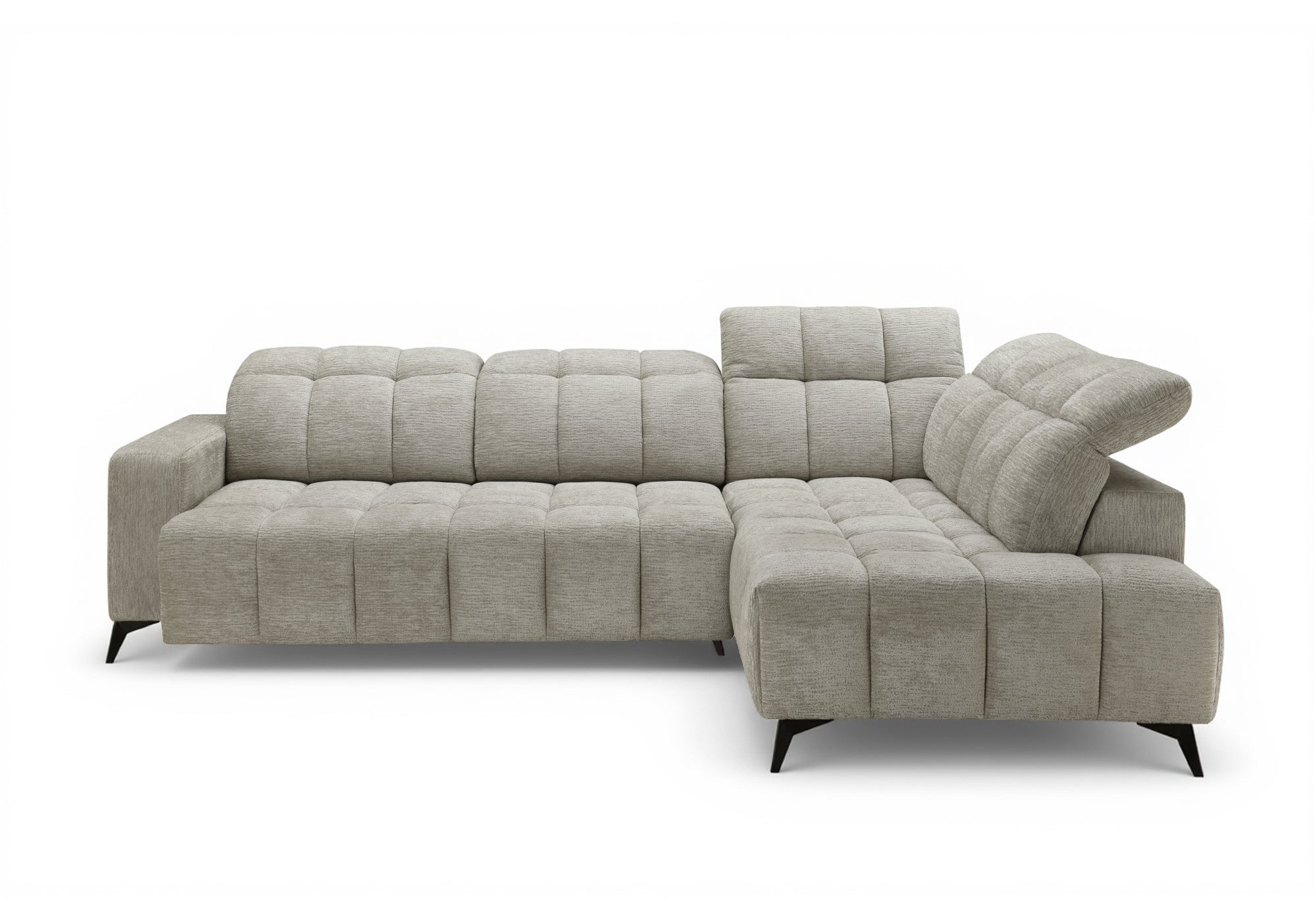 ALVAR Ecksofa mit elektrischer Liegefunktion aus beige meliertem Samt – rechtwinklig