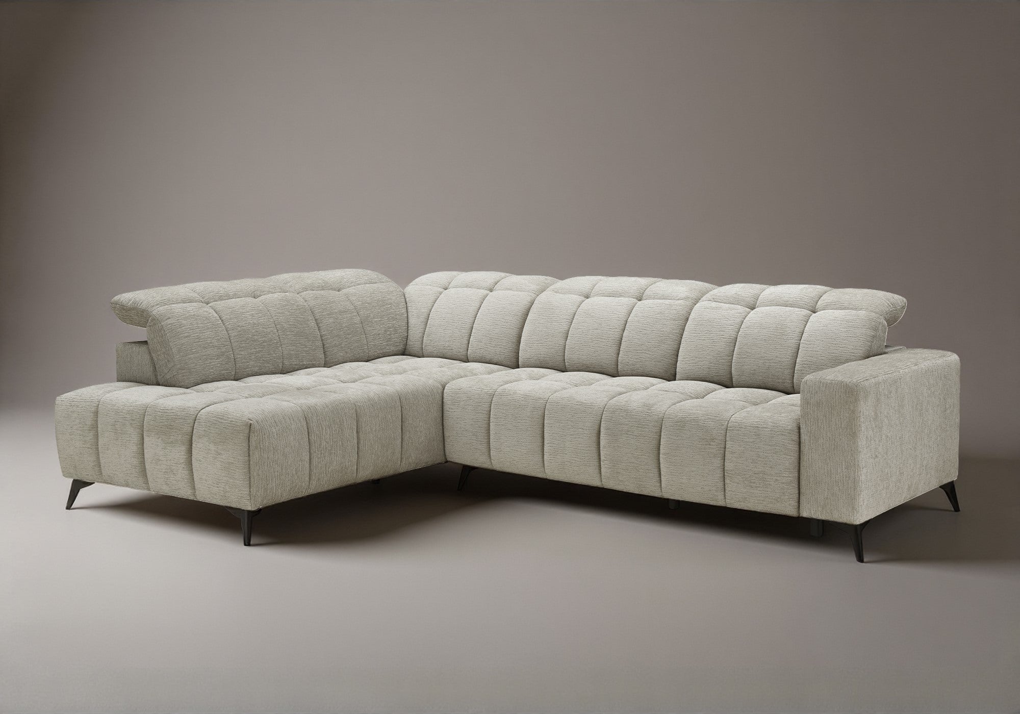 ALVAR elektrisches Relax-Ecksofa aus beige meliertem Samt - Linke Ecke