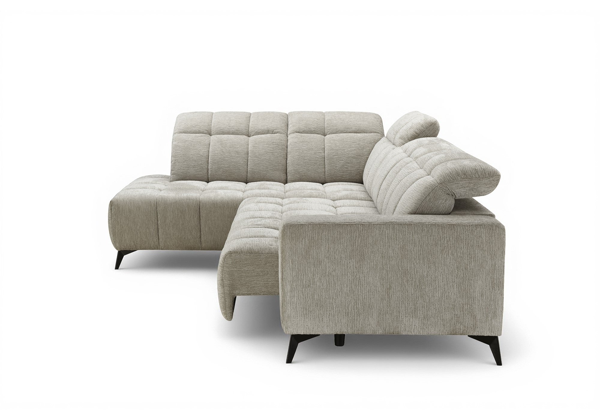 ALVAR elektrisches Relax-Ecksofa aus beige meliertem Samt - Linke Ecke