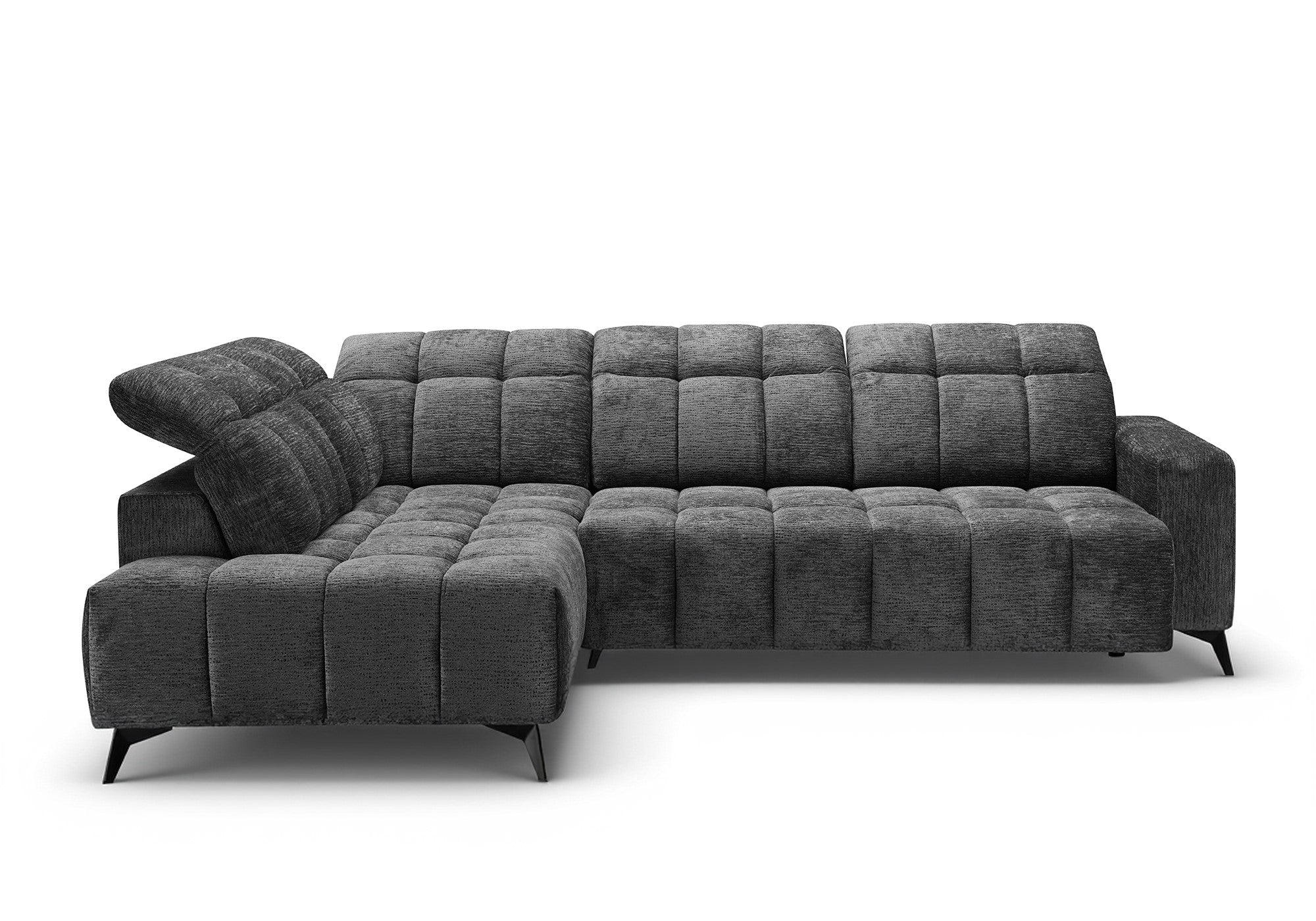 ALVAR Ecksofa mit elektrischer Liegefunktion aus grau meliertem Samt – Linke Ecke