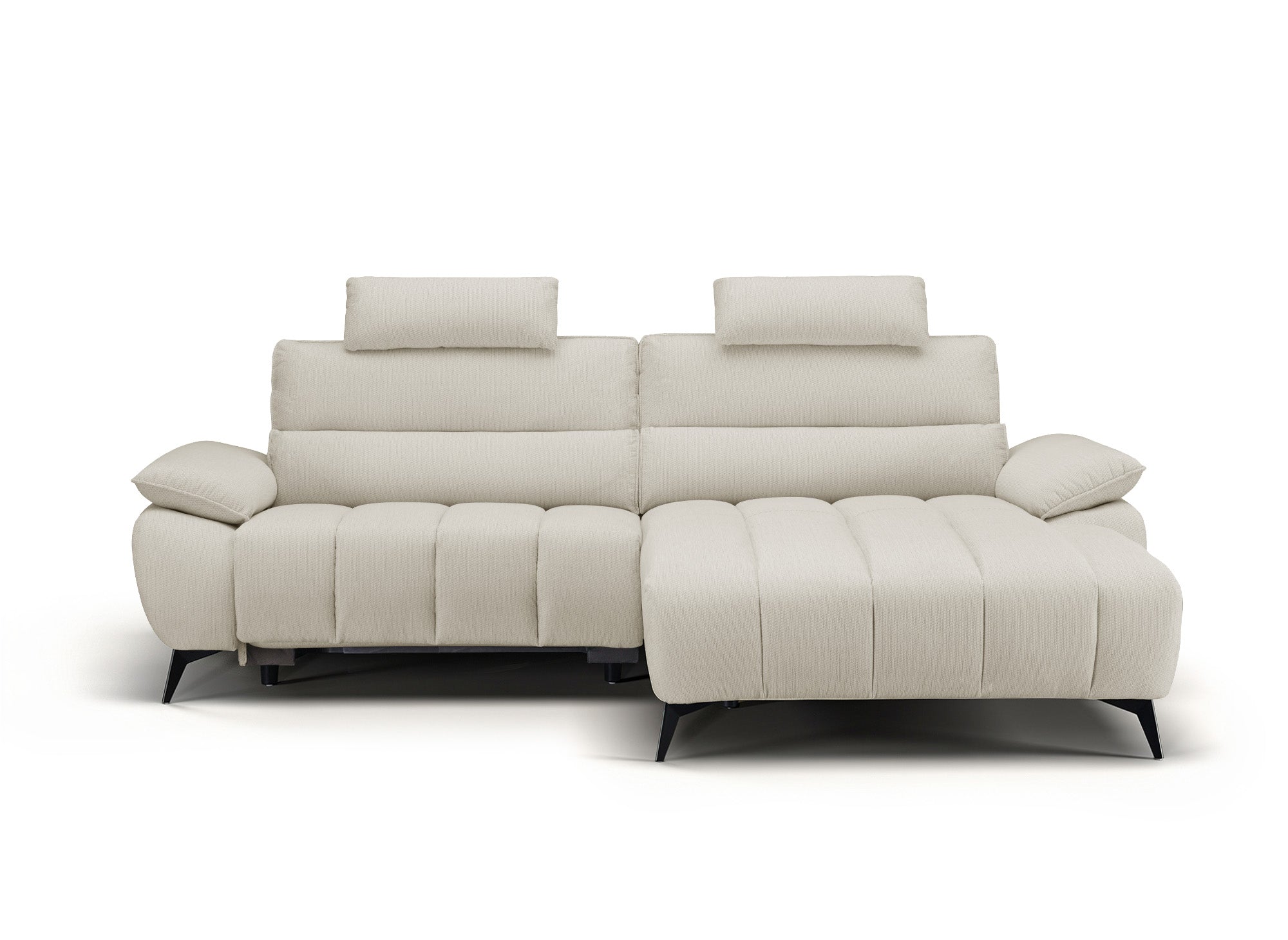 LYANA elektrisches Ecksofa mit Relaxfunktion in beigefarbenem, meliertem Samt – rechte Ecke