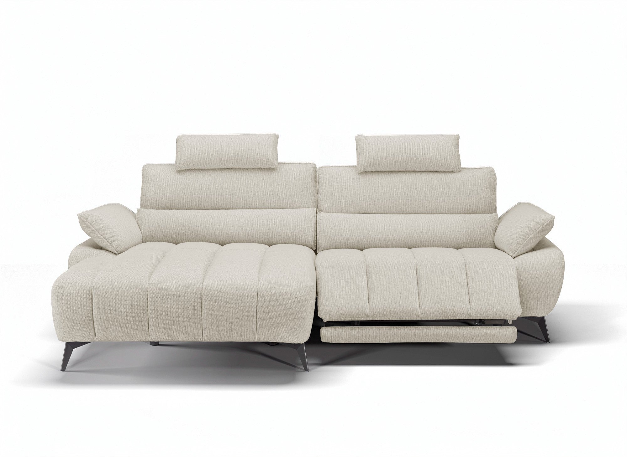 LYANA elektrisches Ecksofa mit Relaxfunktion in beigefarbenem, meliertem Samt – linke Ecke