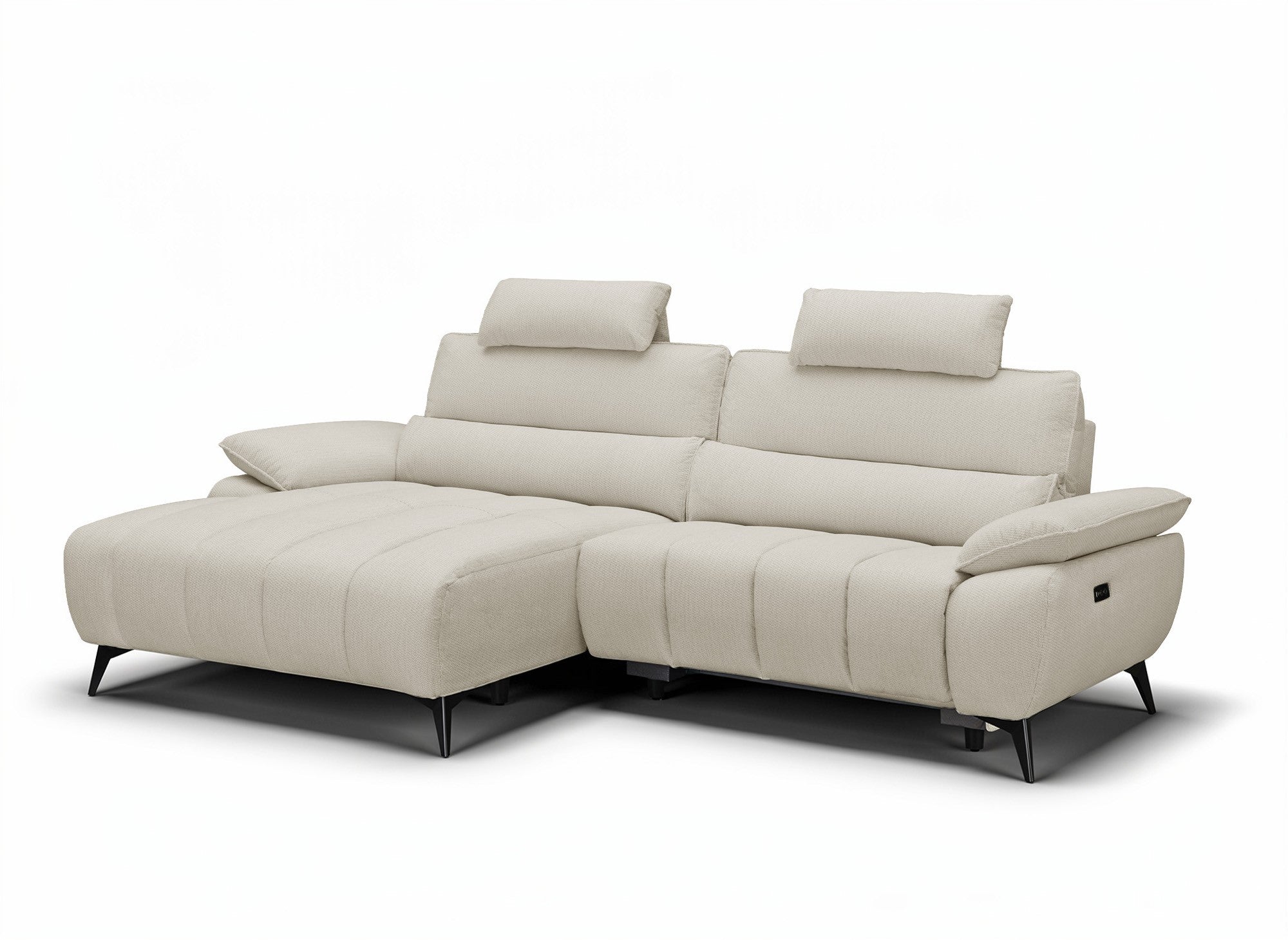 LYANA elektrisches Ecksofa mit Relaxfunktion in beigefarbenem, meliertem Samt – linke Ecke