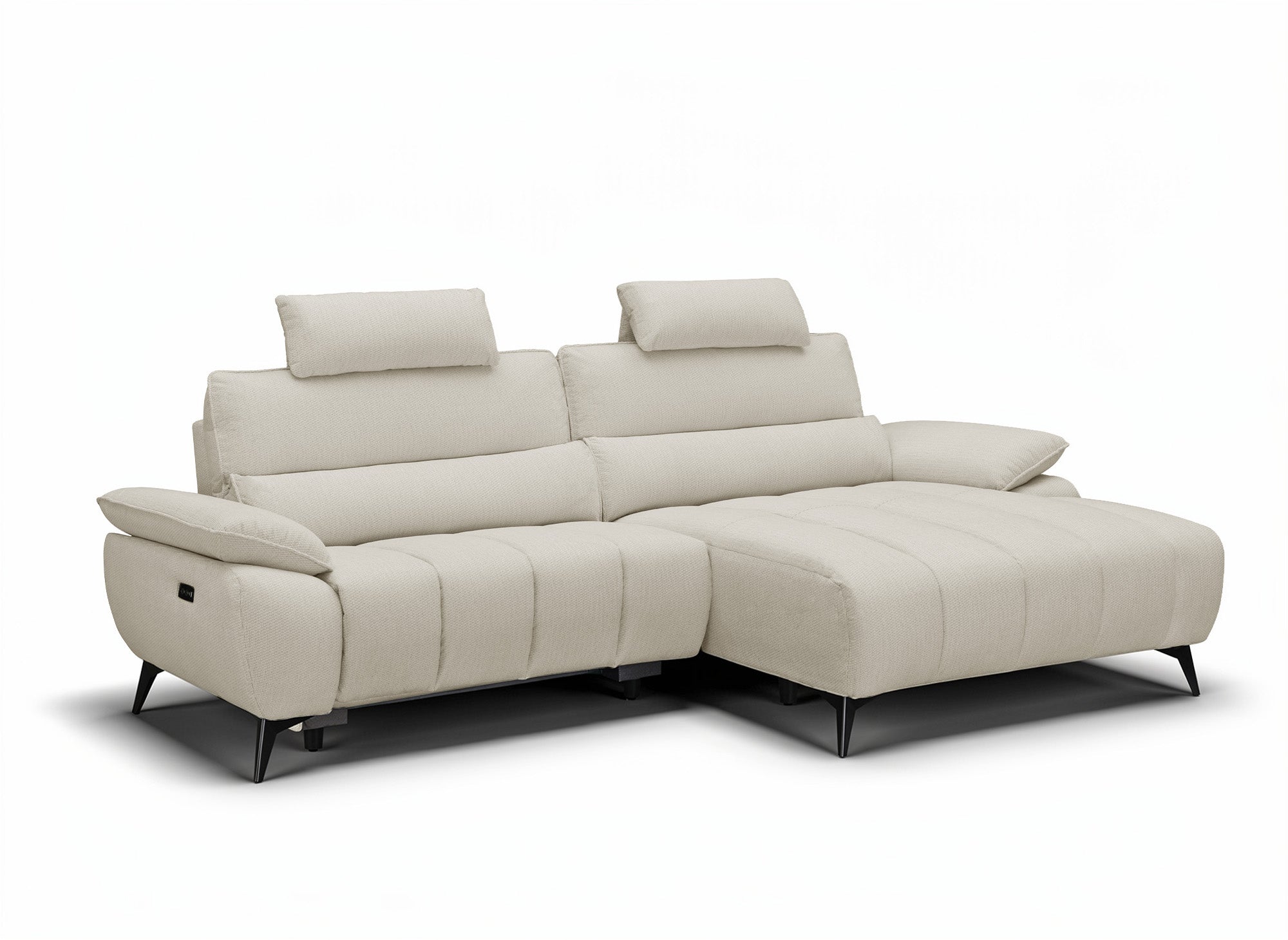 LYANA elektrisches Ecksofa mit Relaxfunktion in beigefarbenem, meliertem Samt – rechte Ecke