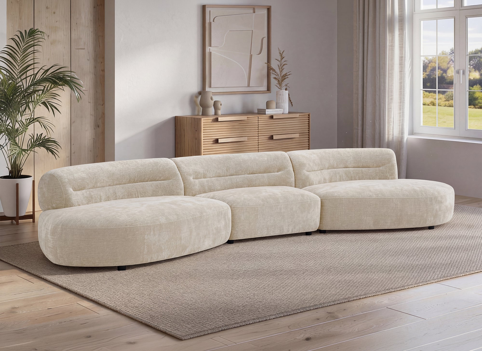 IMENIA 5-Sitzer-Sofa mit fester, gerader Form in beigefarbenem, gewebtem Samt