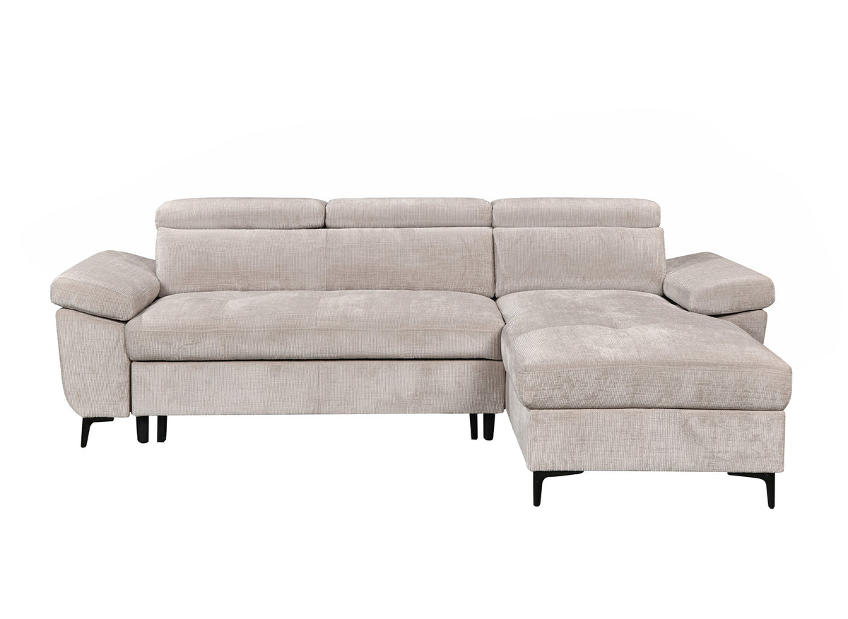 MONICA umwandelbares Ecksofa aus beige meliertem Samt – rechtwinklig