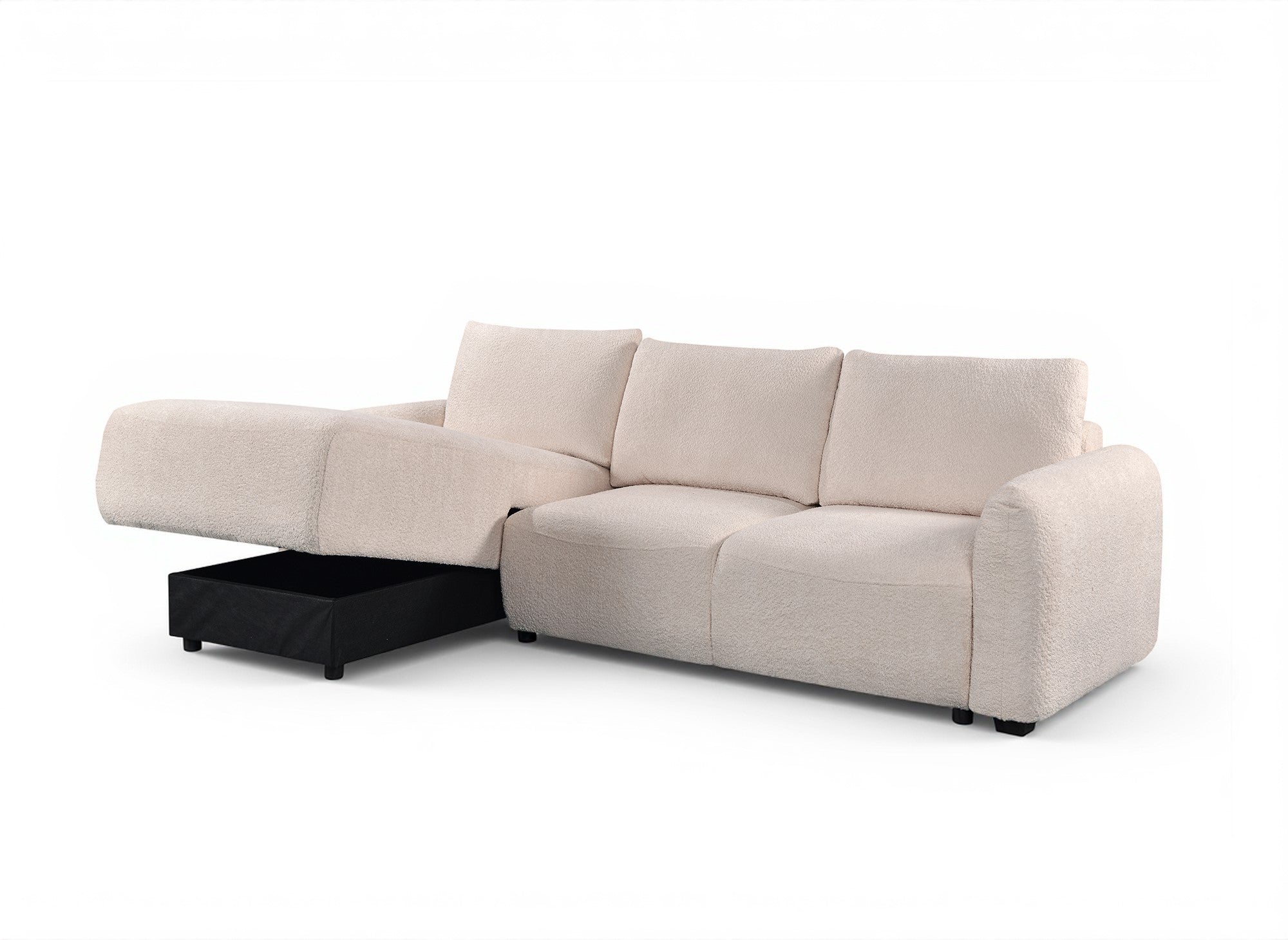 MARLA Ecksofa aus beigefarbenem Frotteestoff mit Stauraum – Linke Ecke