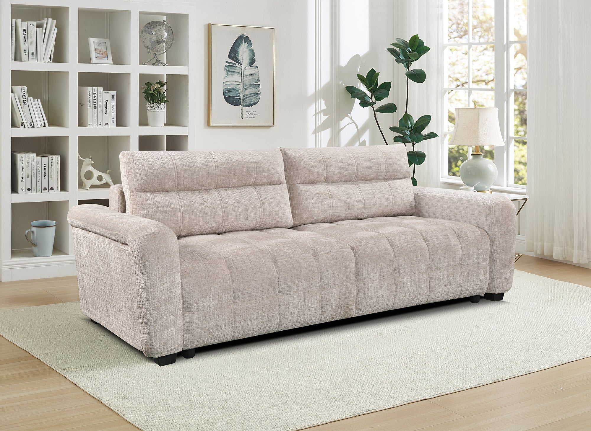 RALYA 3-Sitzer-Schlafsofa mit Stauraum aus beige meliertem Samt