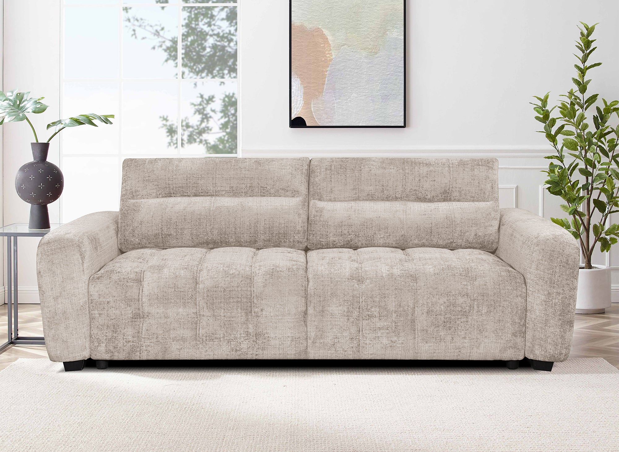 RALYA 3-Sitzer-Schlafsofa mit Stauraum aus beige meliertem Samt