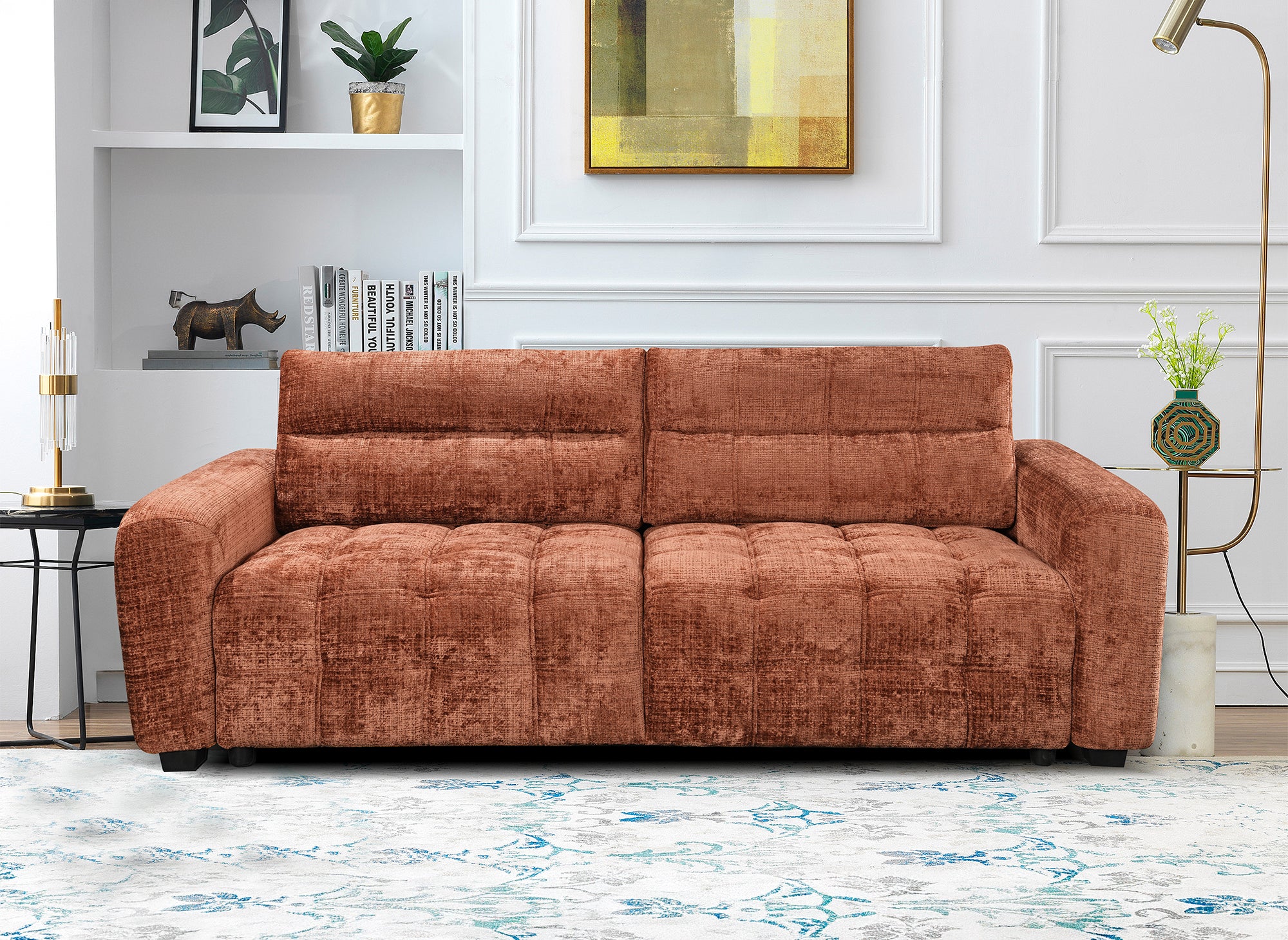 RALYA 3-Sitzer-Schlafsofa mit Stauraum aus terrakottafarbenem, meliertem Samt