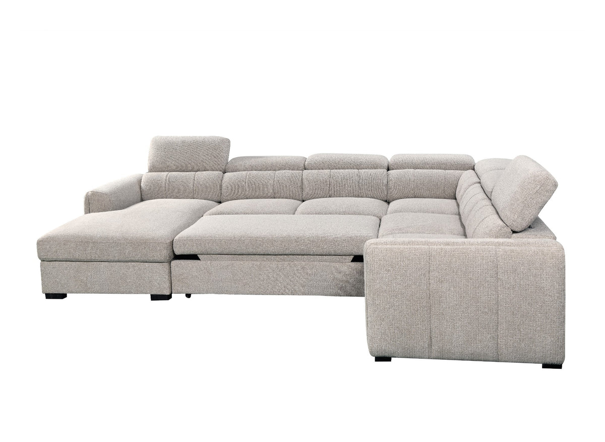 Panorama-Umwandelsofa mit Truhe aus taupefarbenem Frotteestoff NAJAH – Linke Ecke