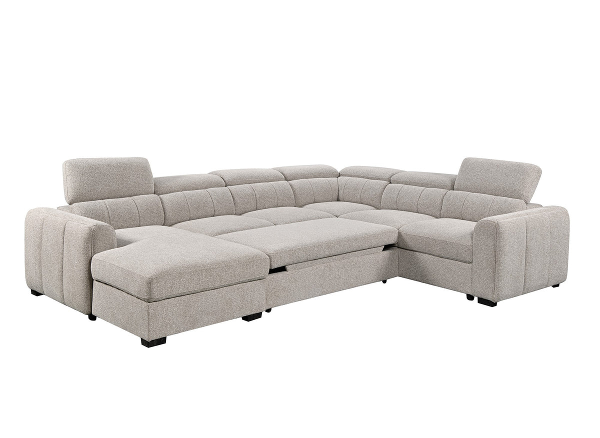 Panorama-Umwandelsofa mit Truhe aus taupefarbenem Frotteestoff NAJAH – Linke Ecke