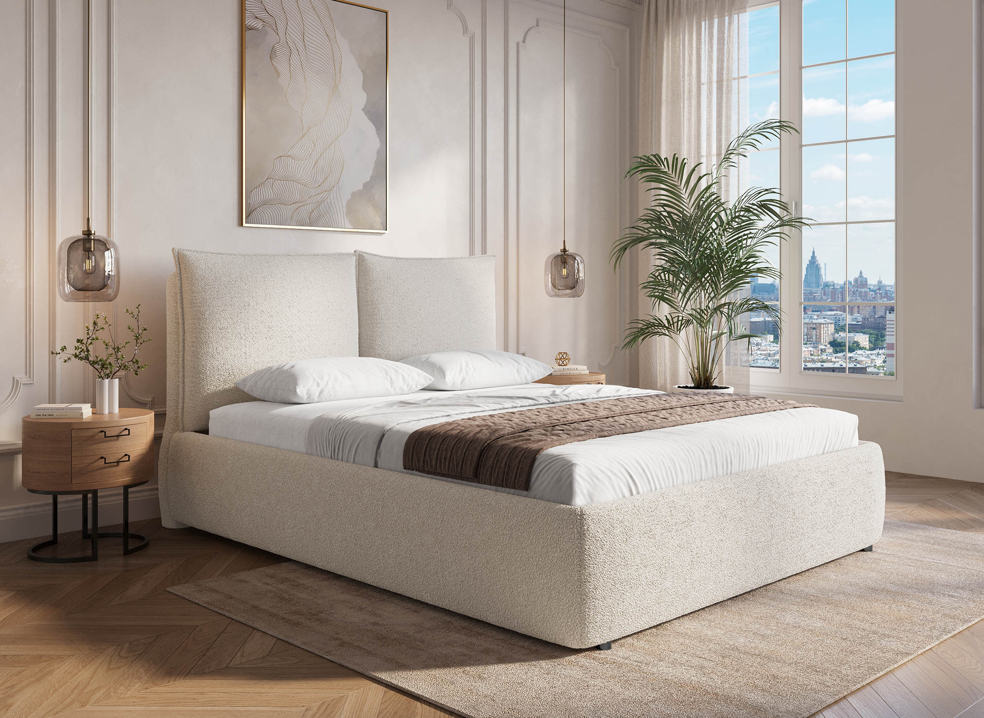 MELY Bett mit Stauraum aus Frottee, beige, 140 x 190 cm