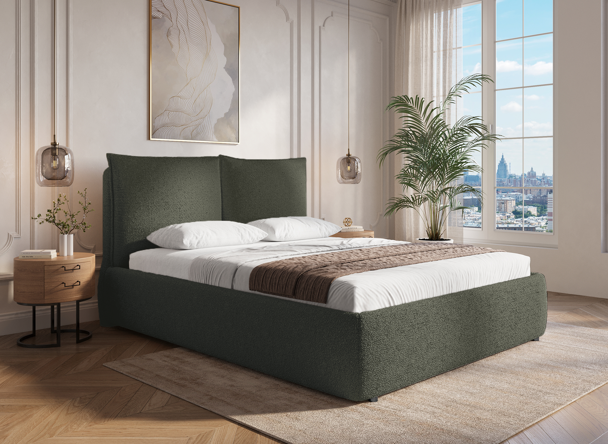 MELY olivgrünes Frottee-Bett mit Stauraum 160x200 cm
