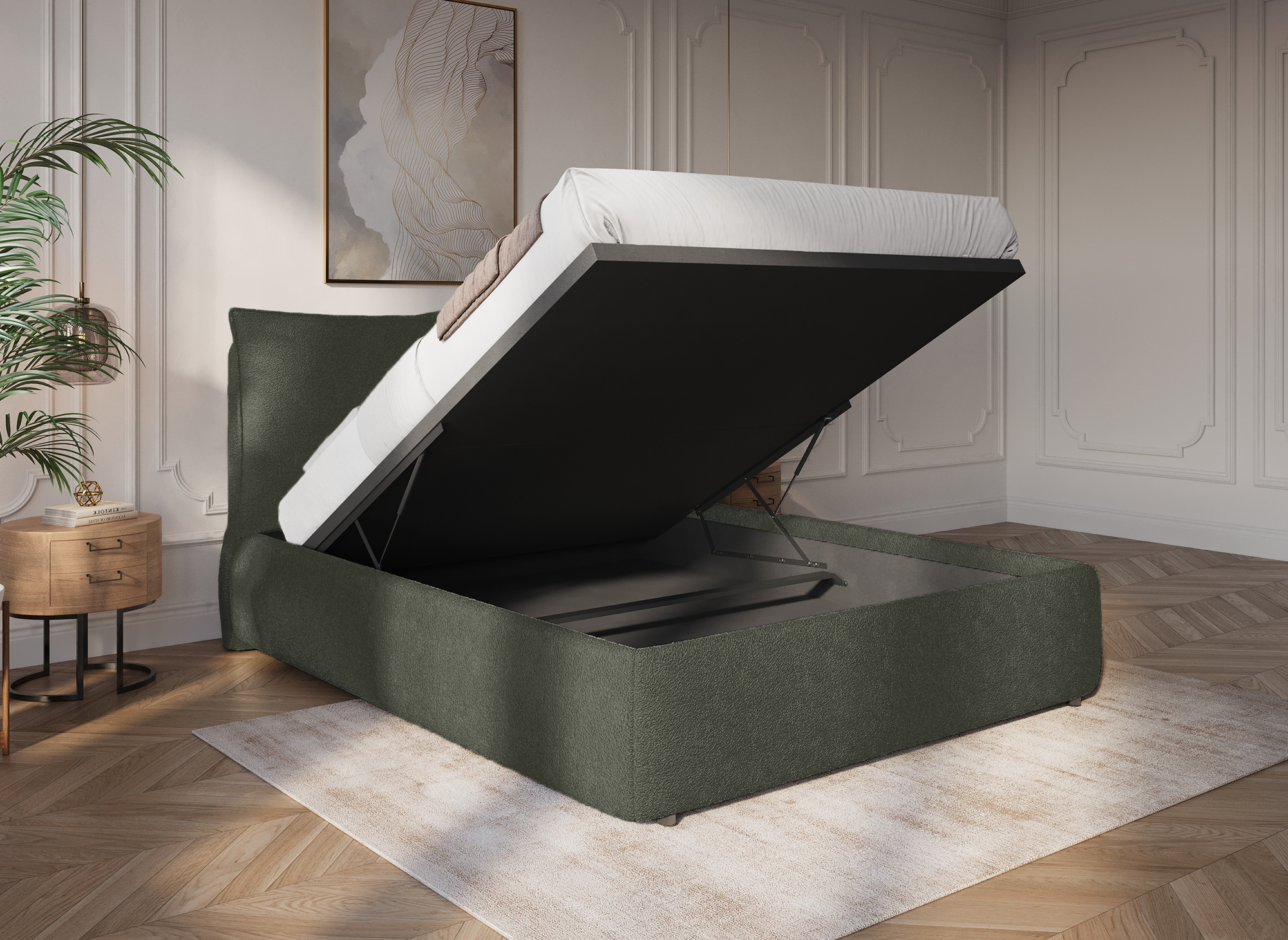 MELY olivgrünes Frottee-Bett mit Stauraum 160x200 cm