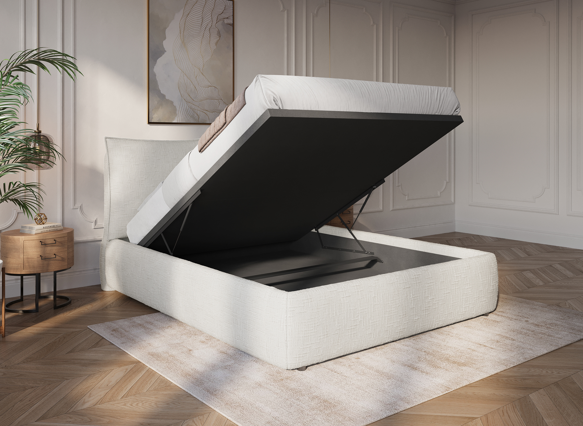 MELY Bett mit Stauraum, beige melierter Samt, 180 x 200 cm