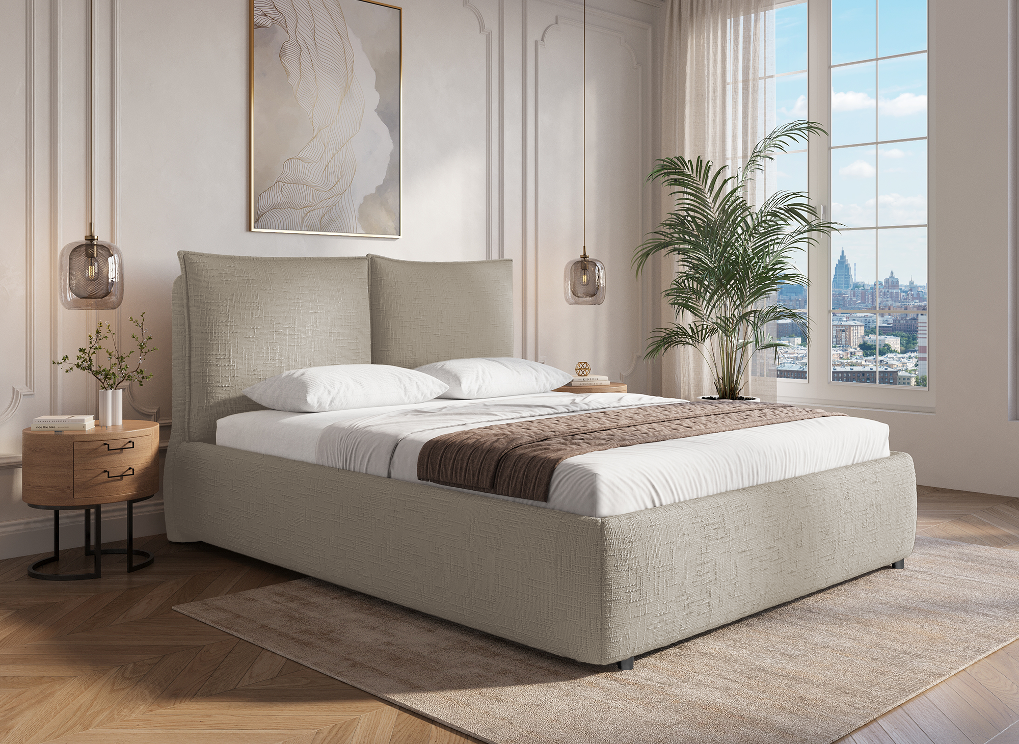 MELY Bettkasten aus meliertem Samt in Taupe 140x190 cm