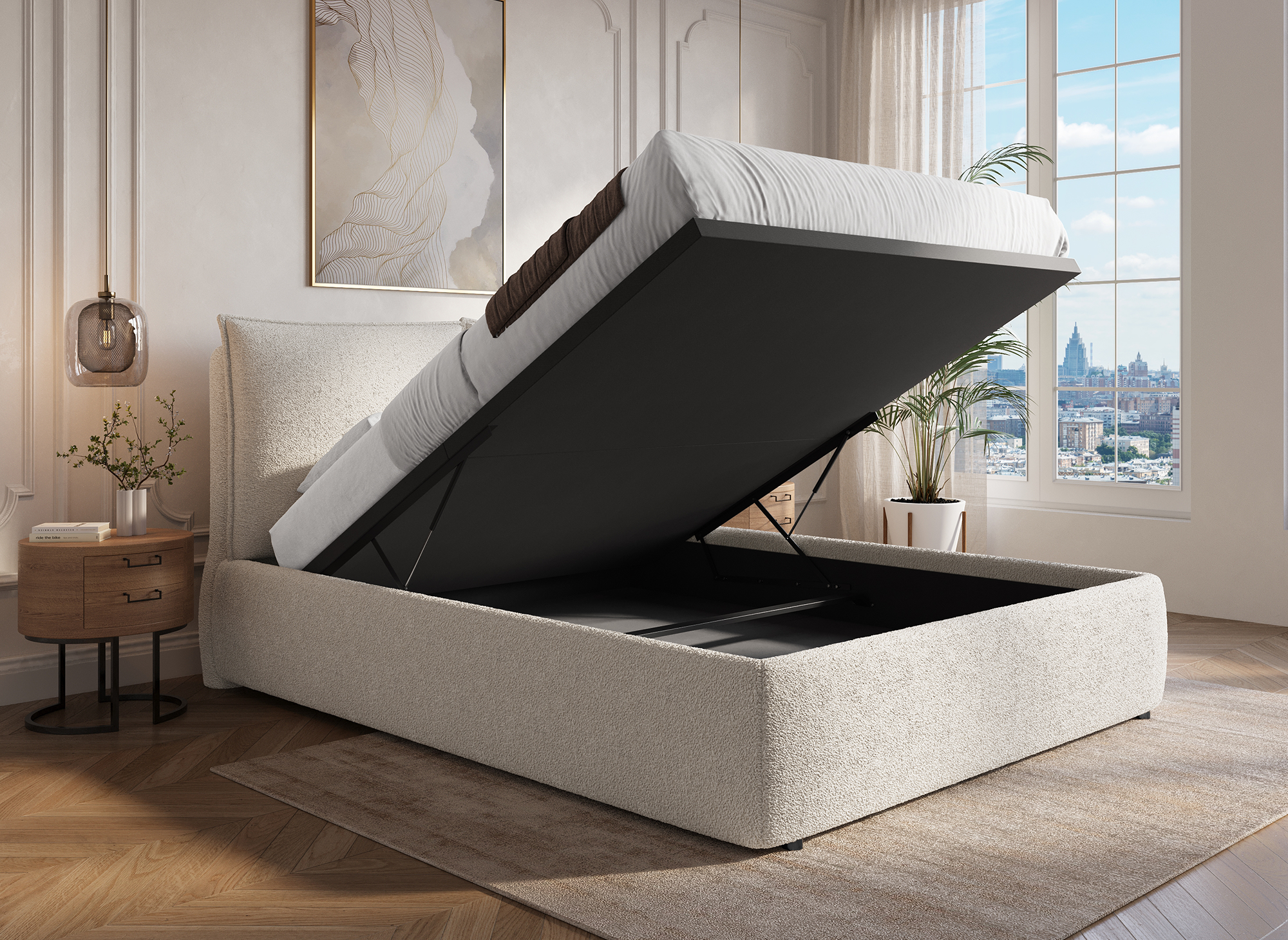 MELY Bett mit Stauraum aus Frottee, beige, 160 x 200 cm