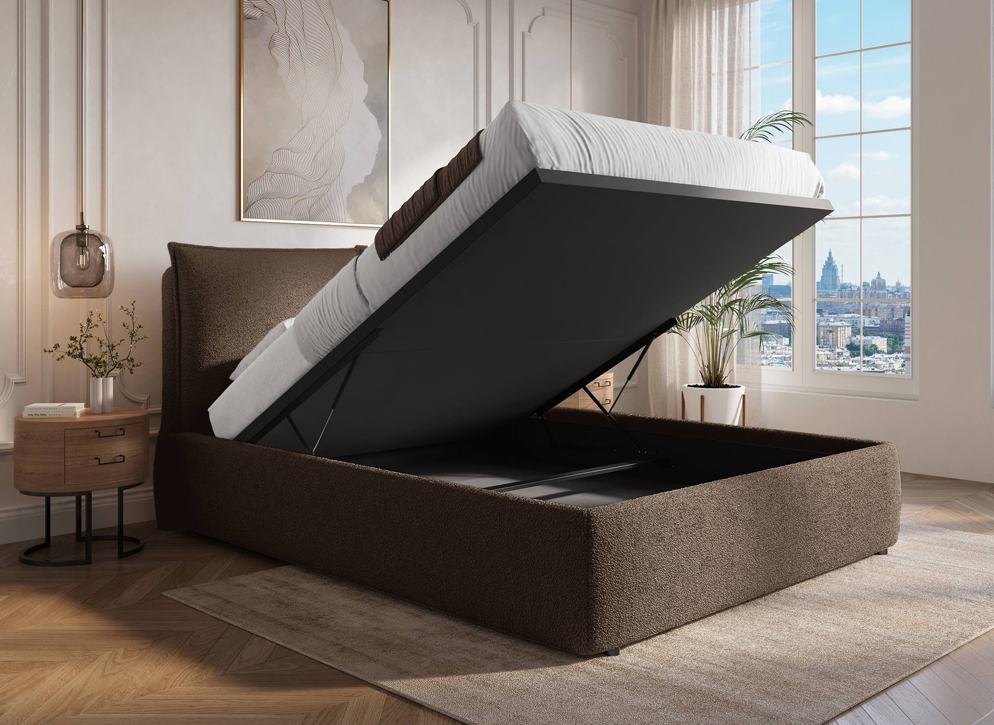 MELY Bett mit Stauraum aus Frottee, braun, 160 x 200 cm