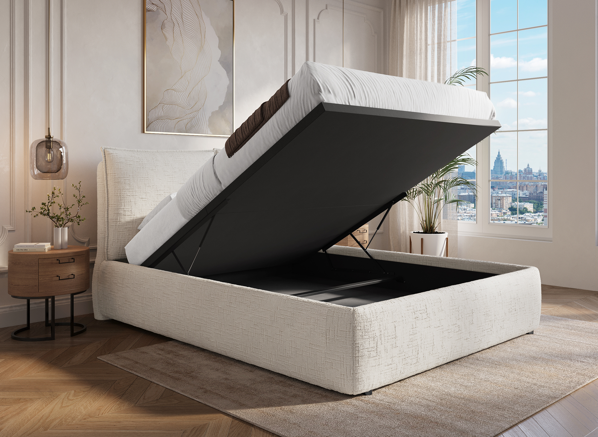 MELY Bett mit Stauraum, beige melierter Samt, 180 x 200 cm