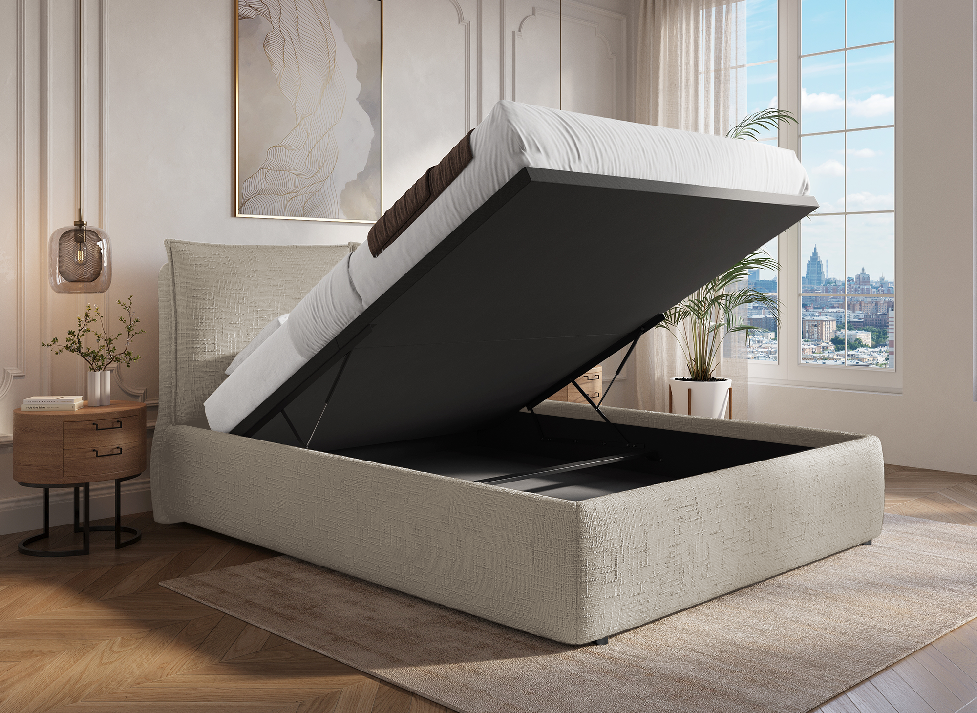 MELY Bettkasten aus meliertem Samt in Taupe 140x190 cm