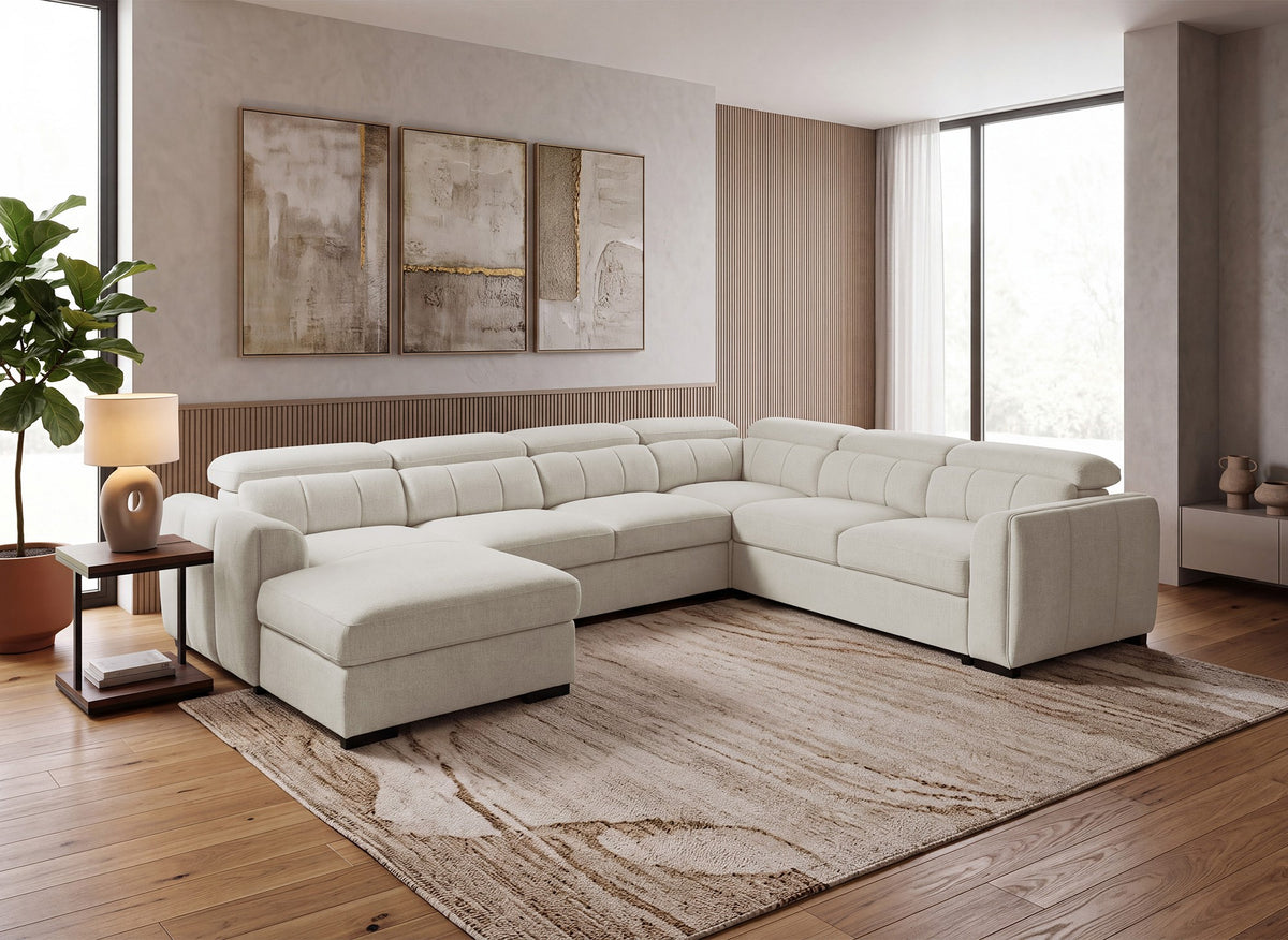 Canapé panoramique convertible avec coffre en tissu bouclette beige NAJAH - Angle gauche