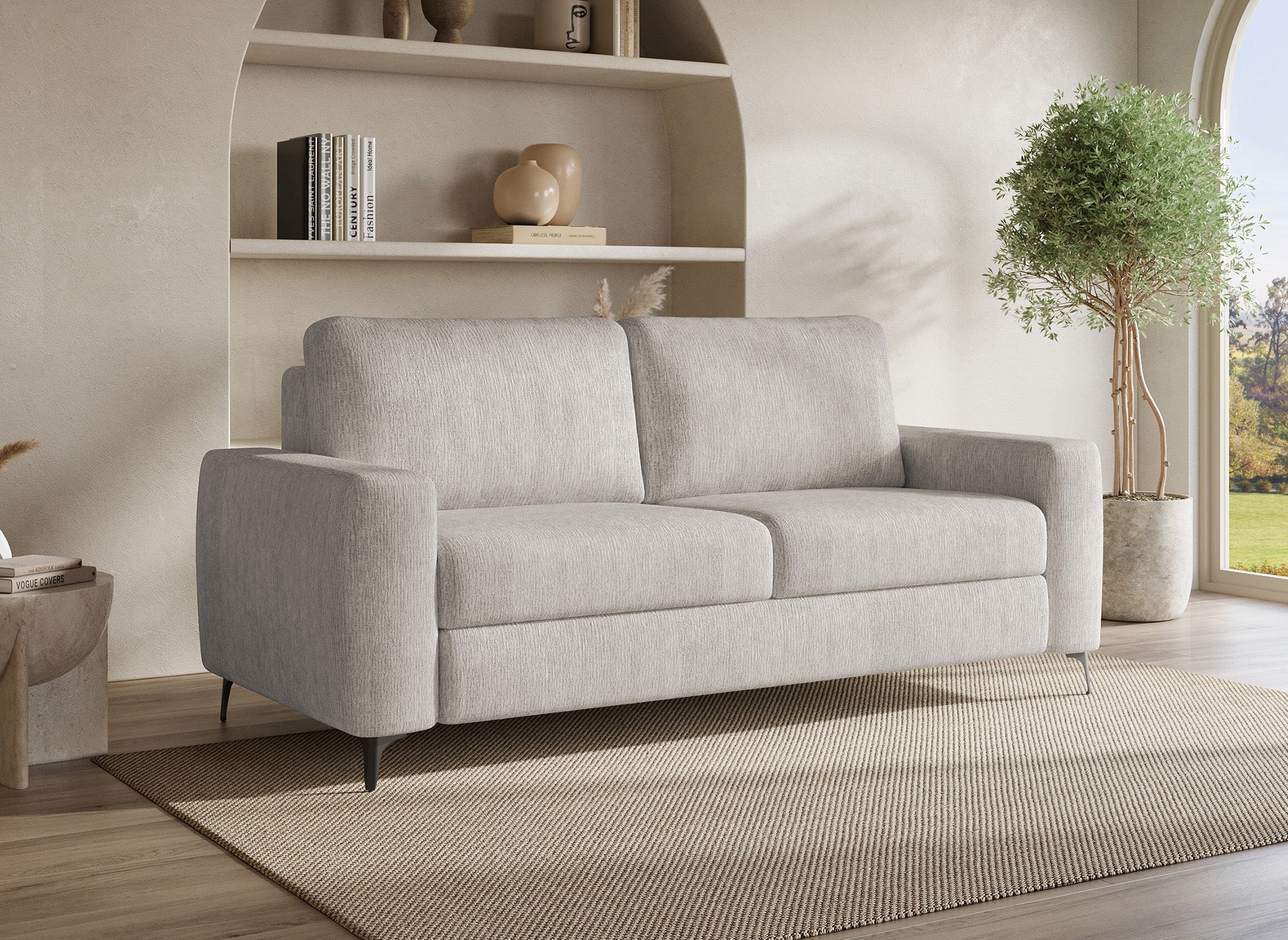 NONA 3-Sitzer-Express-Schlafsofa in beigefarbenem, meliertem Samt