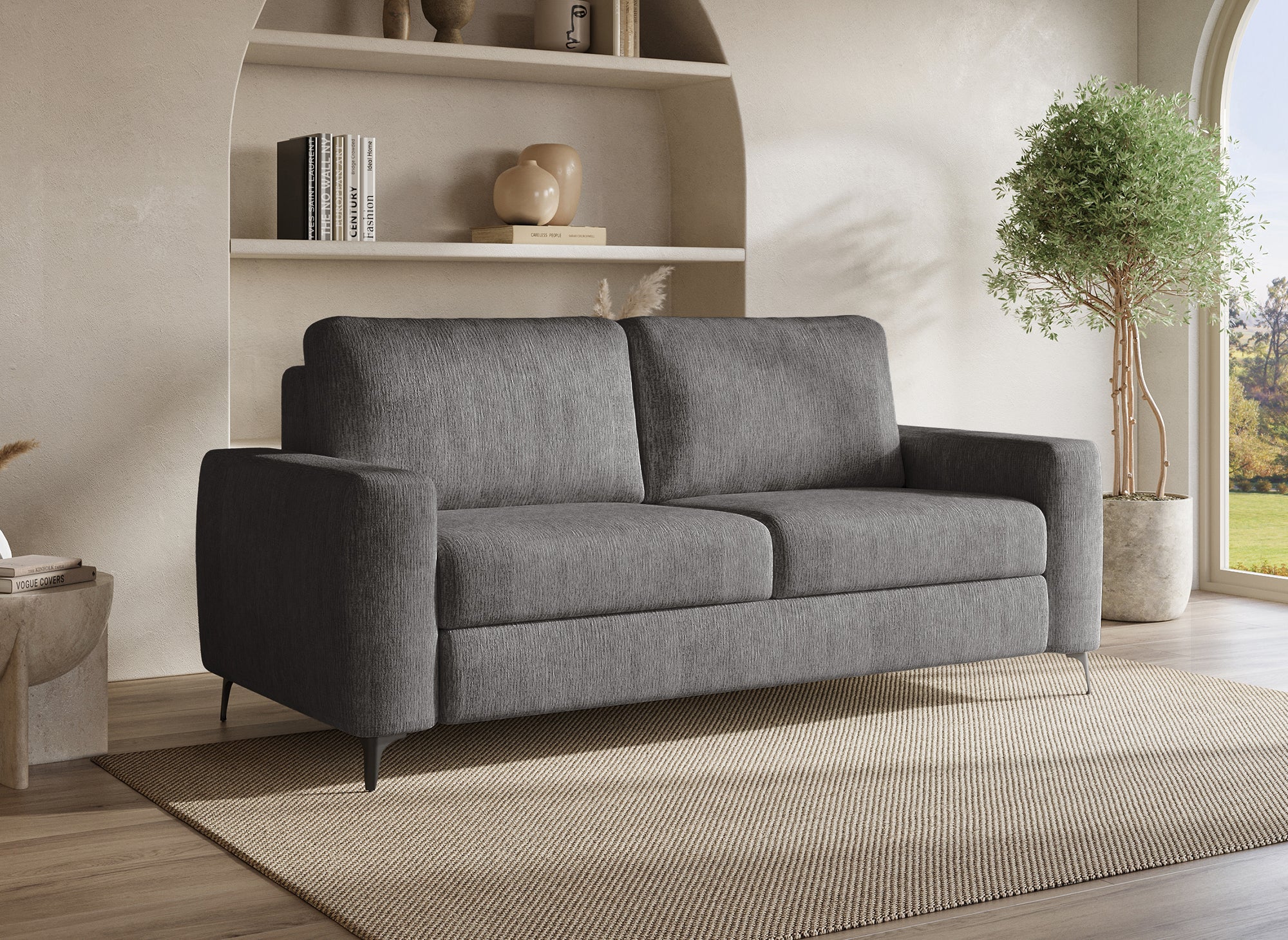 NONA 3-Sitzer-Express-Schlafsofa in dunkelgrau meliertem Samt