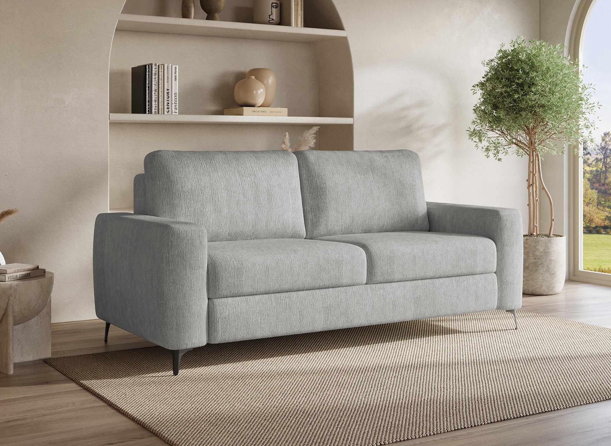 NONA 3-Sitzer-Express-Schlafsofa in hellgrau meliertem Samt