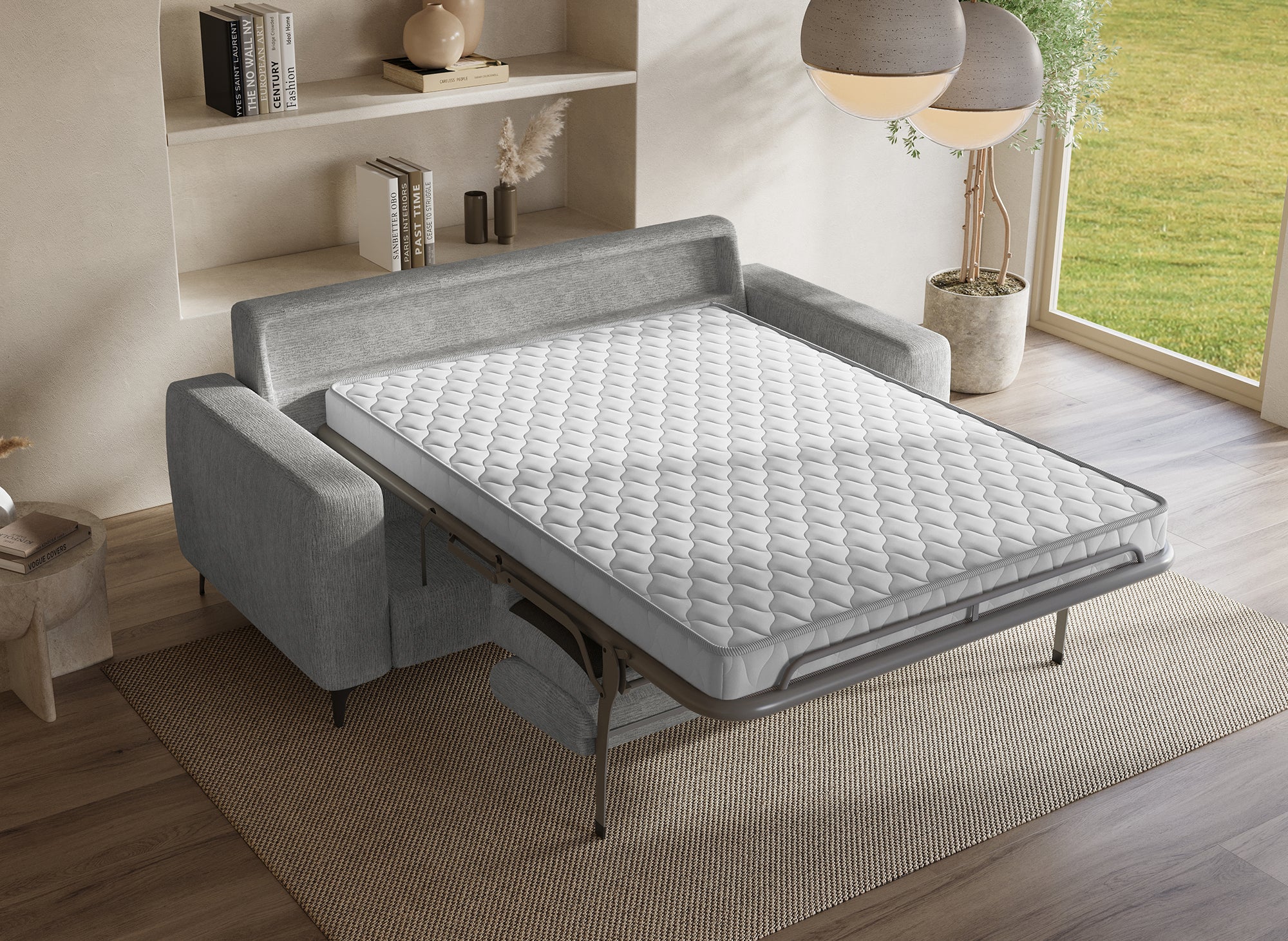 NONA 3-Sitzer-Express-Schlafsofa in hellgrau meliertem Samt