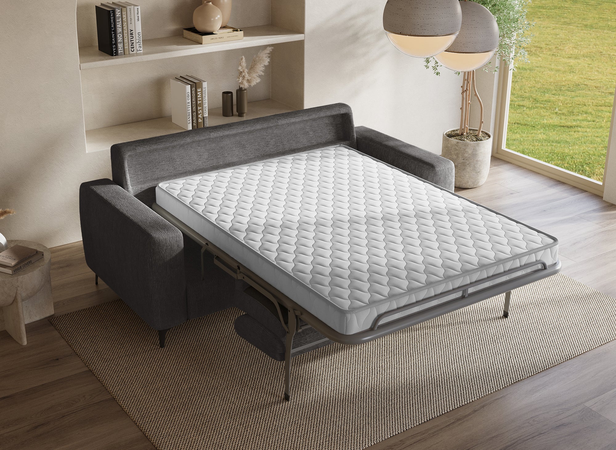 NONA 3-Sitzer-Express-Schlafsofa in dunkelgrau meliertem Samt