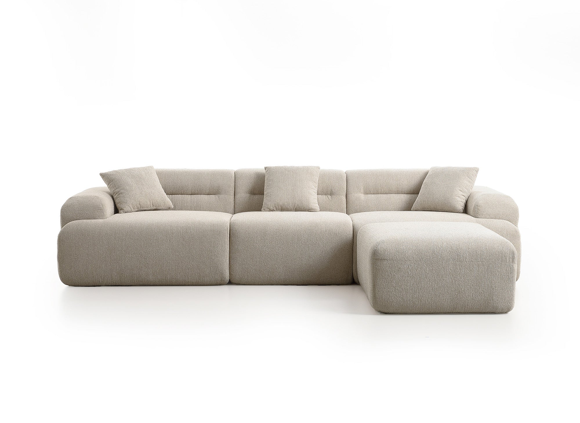 Canapé droit 3 places + pouf en tissu texturé beige SAKURA