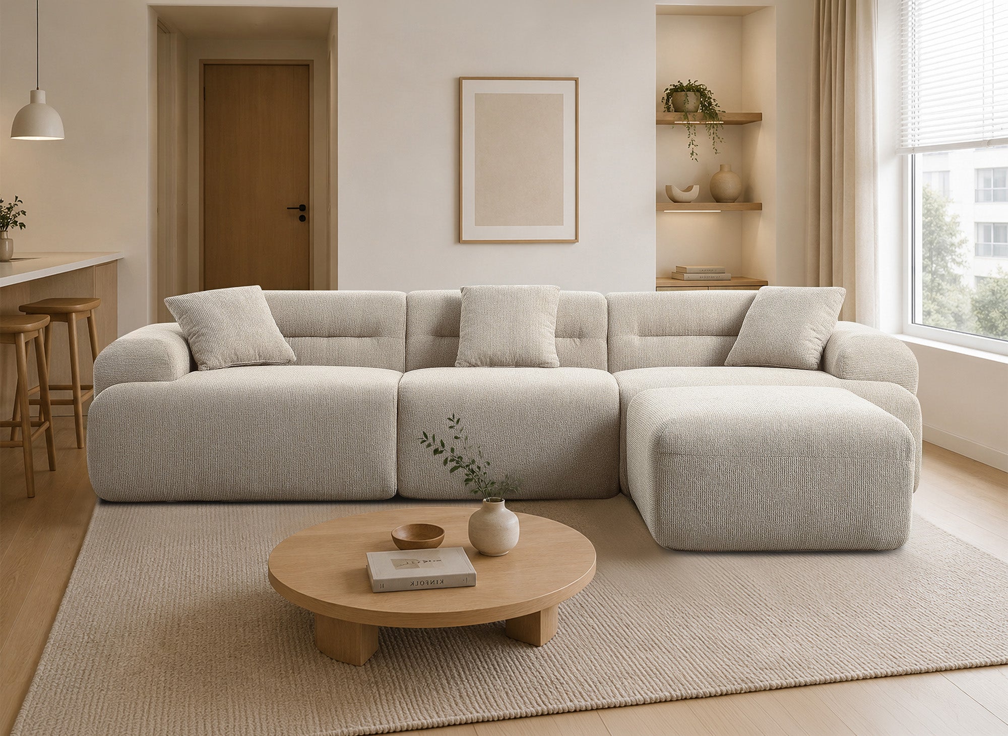 3-Sitzer-Sofa + Hocker aus beigem Strukturstoff SAKURA