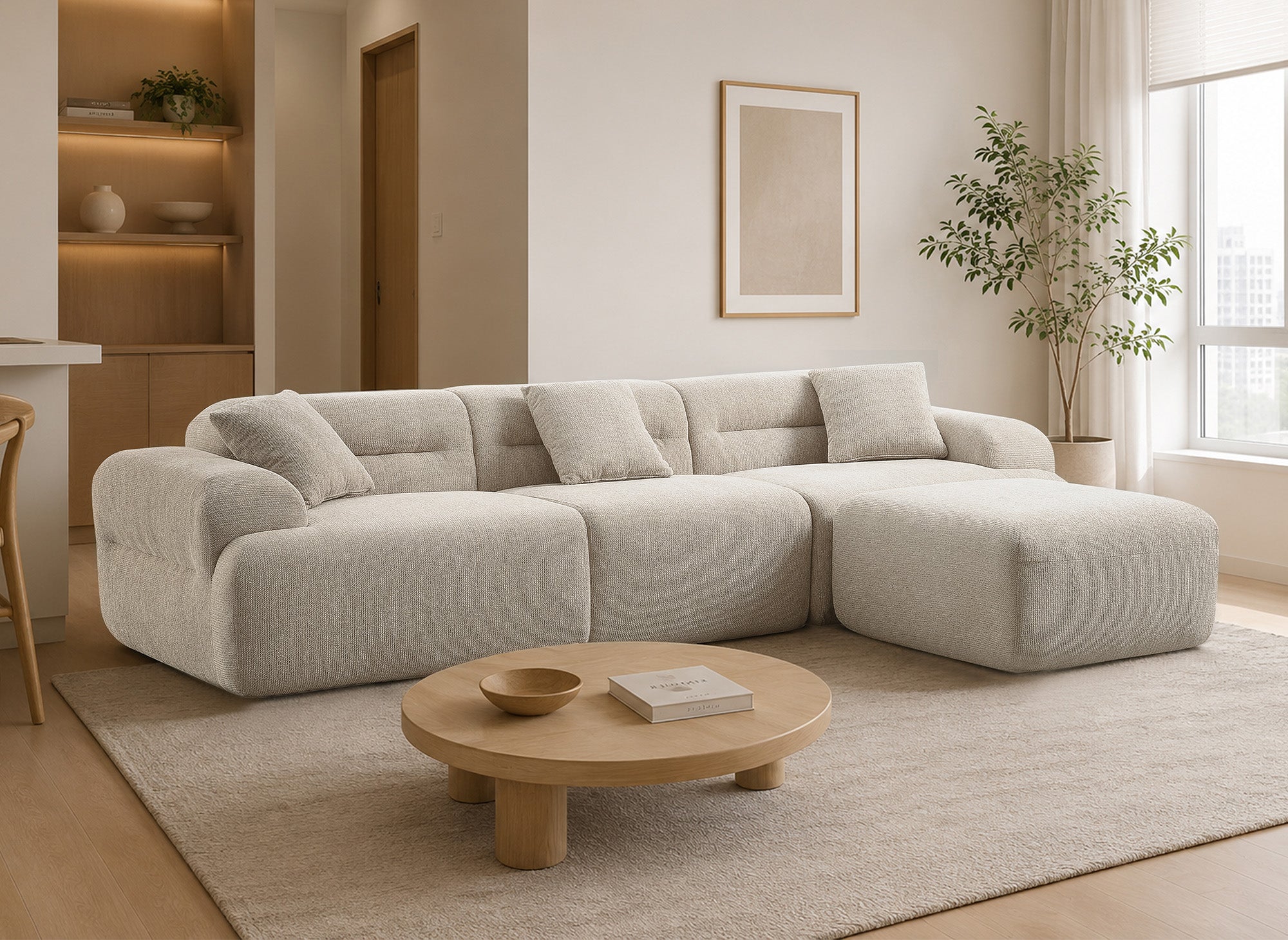 3-Sitzer-Sofa + Hocker aus beigem Strukturstoff SAKURA