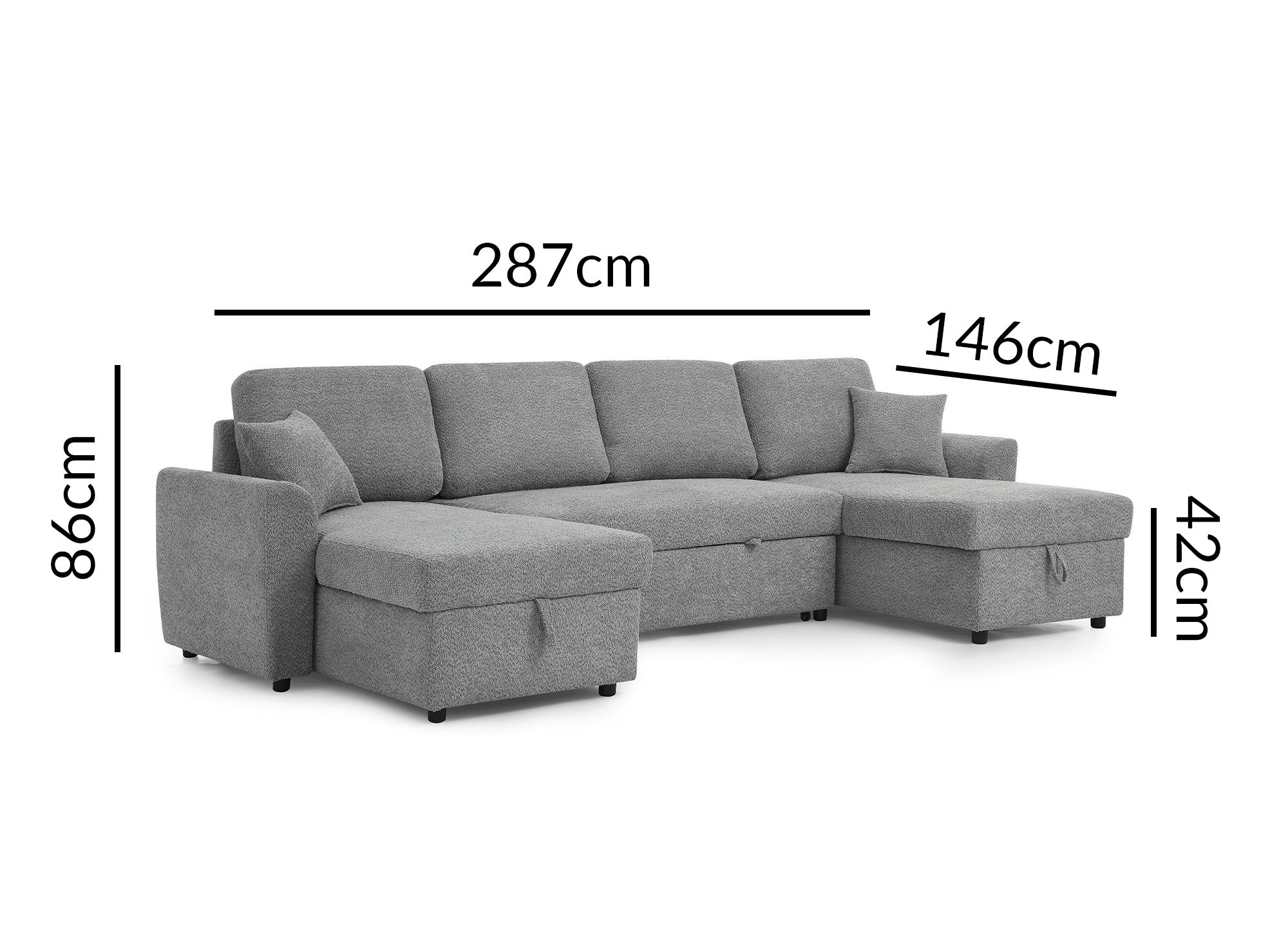 ADRYEN Panorama-Sofa mit 2 Aufbewahrungsboxen aus grauem Frotteestoff