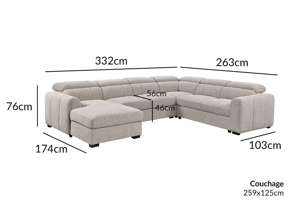 Panorama-Umwandelsofa mit Truhe aus taupefarbenem Frotteestoff NAJAH – Linke Ecke