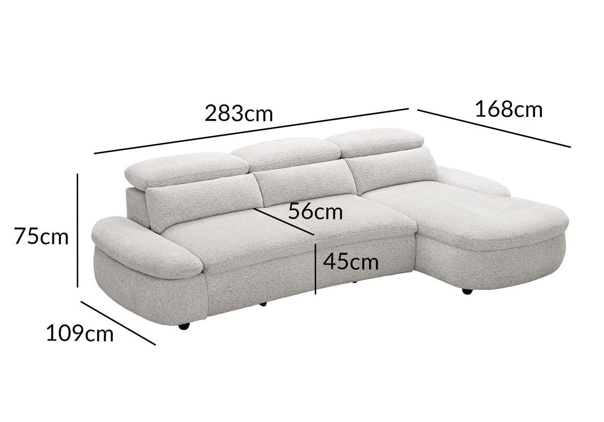 Elektrisches Relax-Ecksofa aus beigem Frotteestoff CLEMENT – rechtwinklig