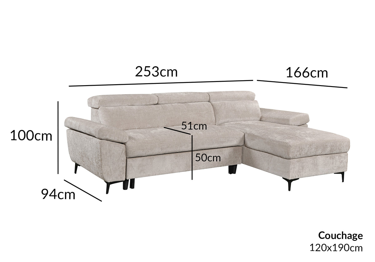 MONICA umwandelbares Ecksofa aus beige meliertem Samt – rechtwinklig
