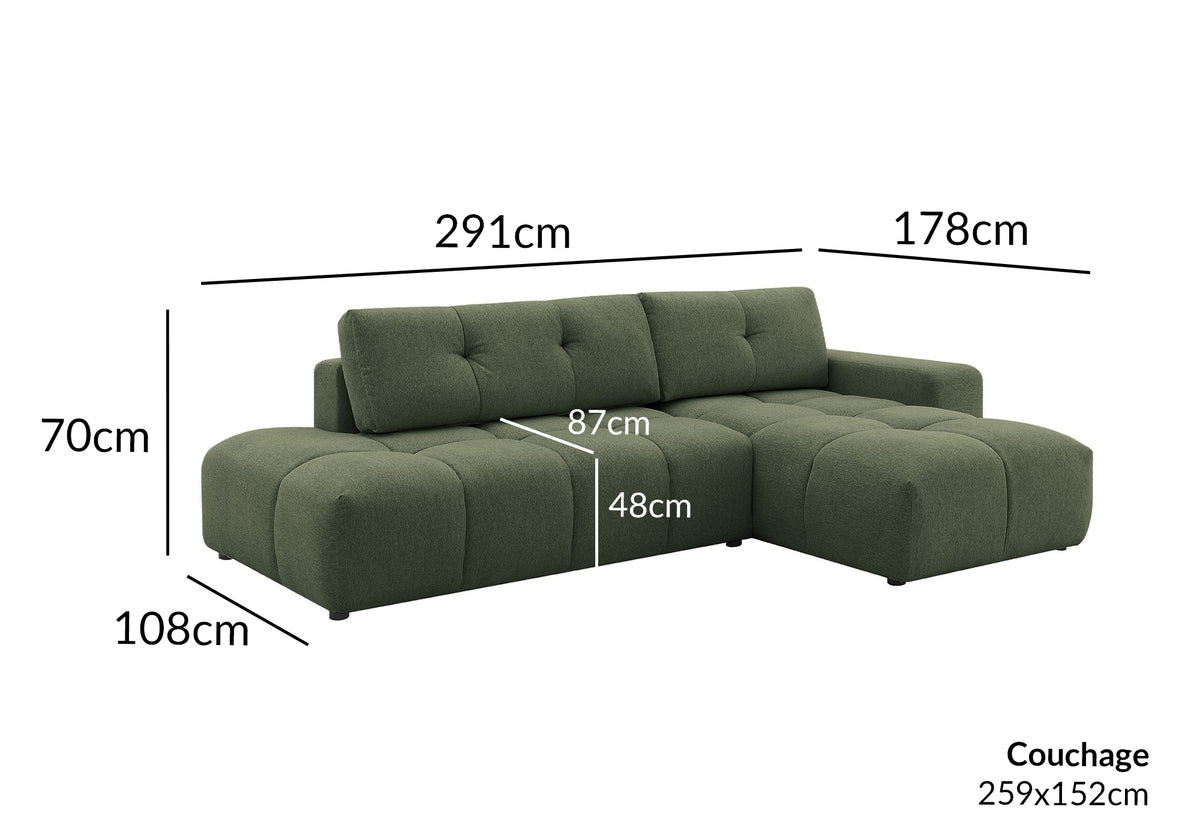 Canapé d'angle convertible avec coffre en tissu texturé vert olive ANGELINE - Angle droit