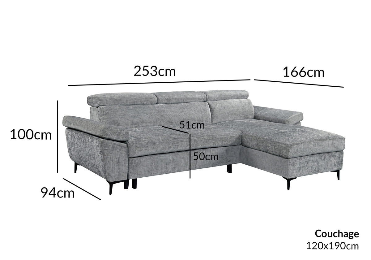 Canapé d'angle convertible en velours chiné gris foncé MONICA - Angle droit