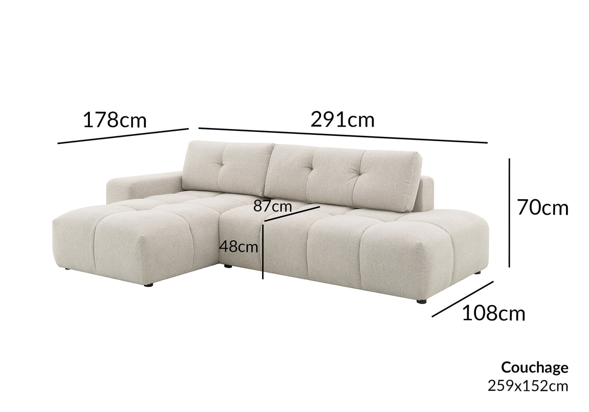 Canapé d'angle convertible avec coffre en tissu texturé beige ANGELINE - Angle gauche