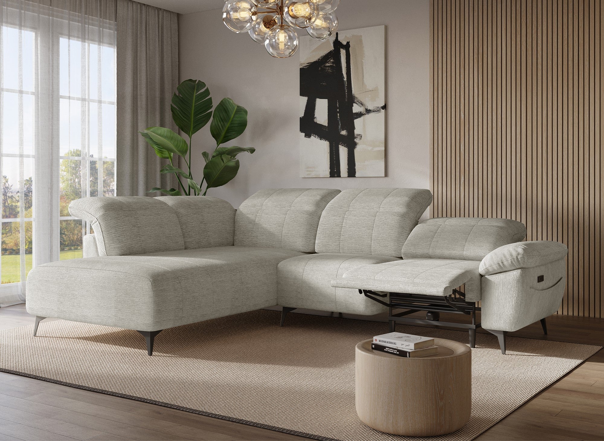 SOLINA Ecksofa mit elektrischer Verstellung aus beige meliertem Samt – Linke Ecke