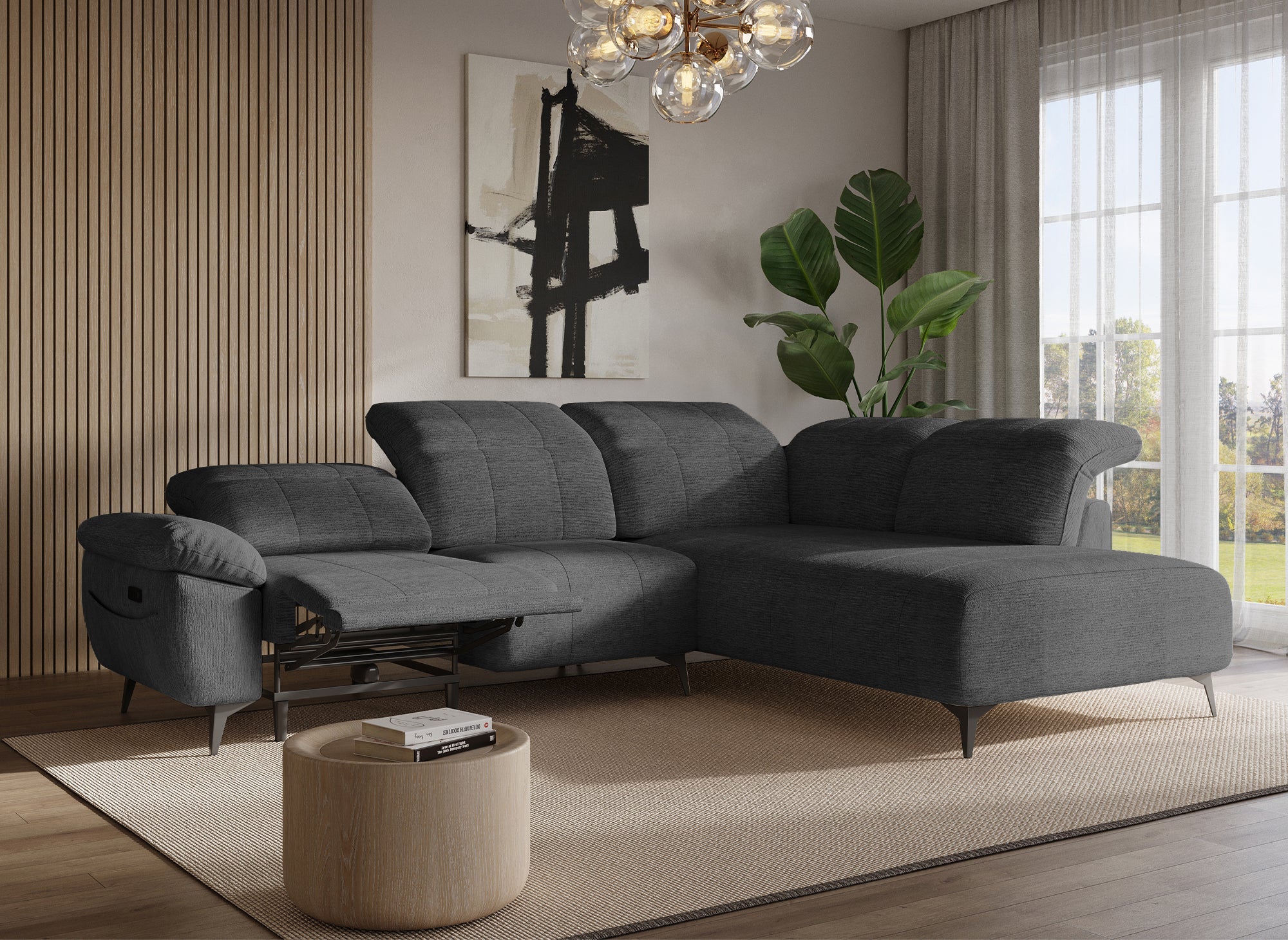 SOLINA Ecksofa mit elektrischer Liegefunktion aus grau meliertem Samt – rechtwinklig