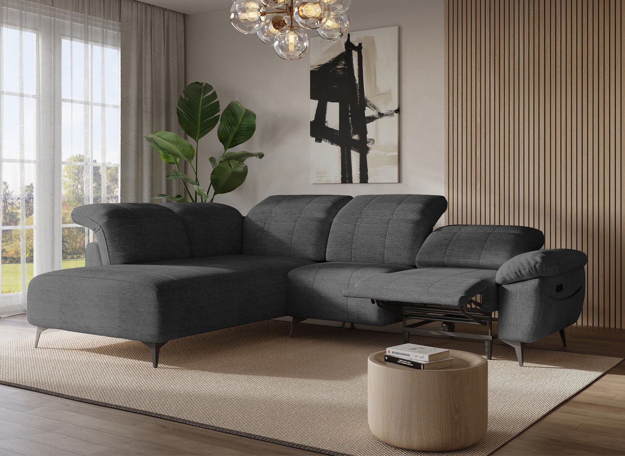 SOLINA Ecksofa mit elektrischer Verstellung aus grau meliertem Samt – Linke Ecke