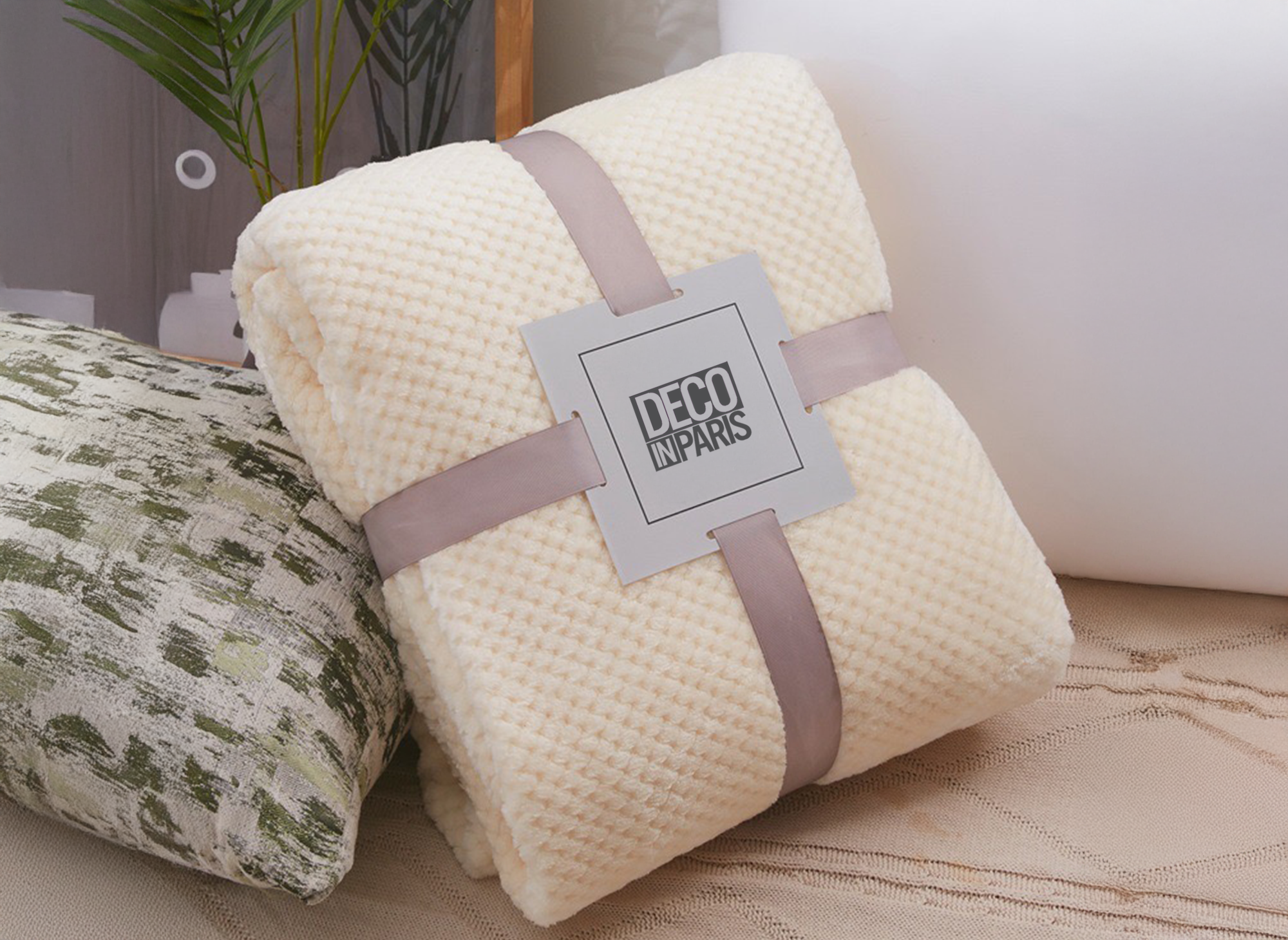 OTYS beige Decke mit Fransen aus Stoff mit Kaschmireffekt, 150 x 200 cm