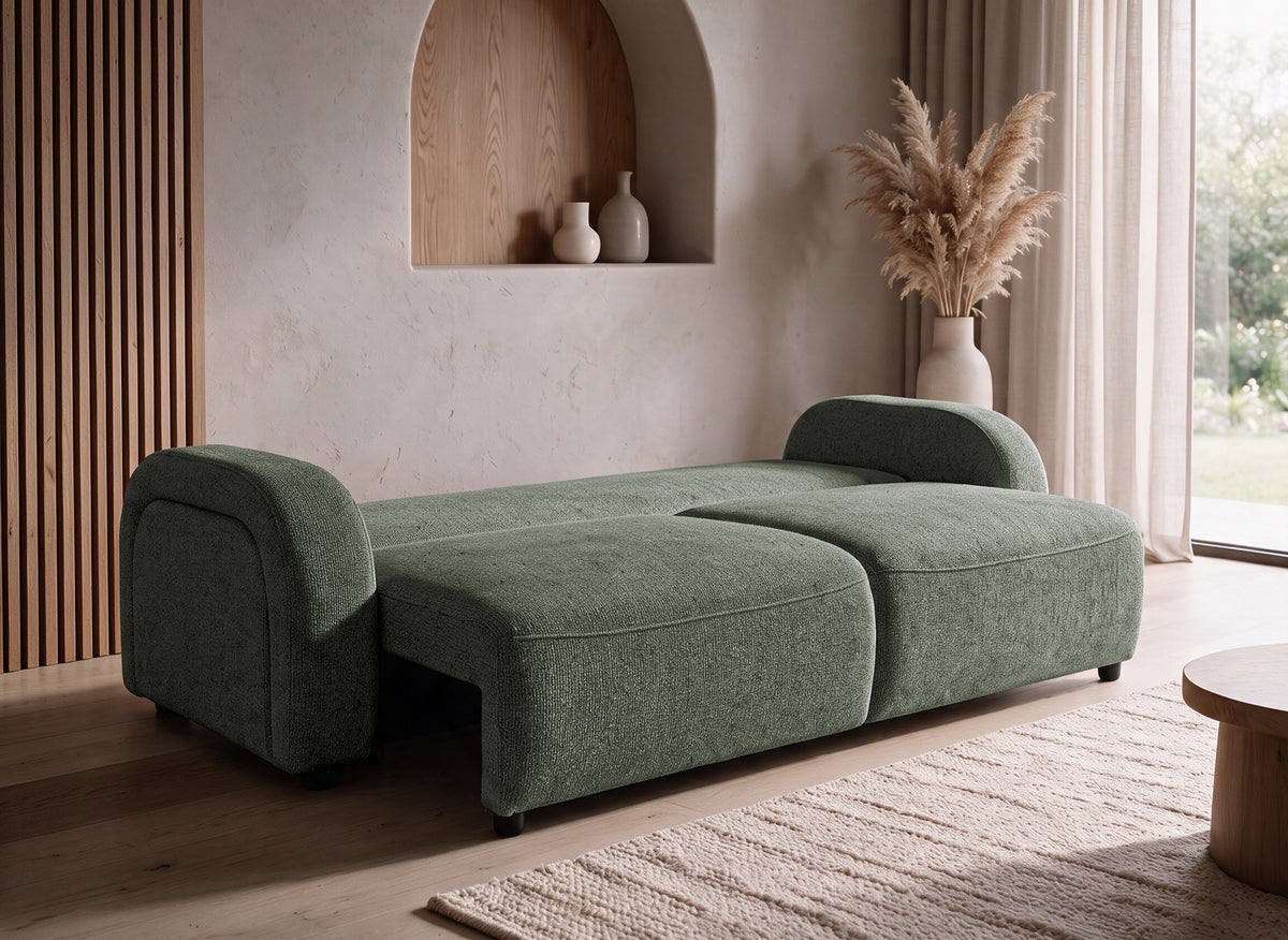 MAYORA 3-Sitzer-Schlafsofa in strukturiertem grünem Stoff