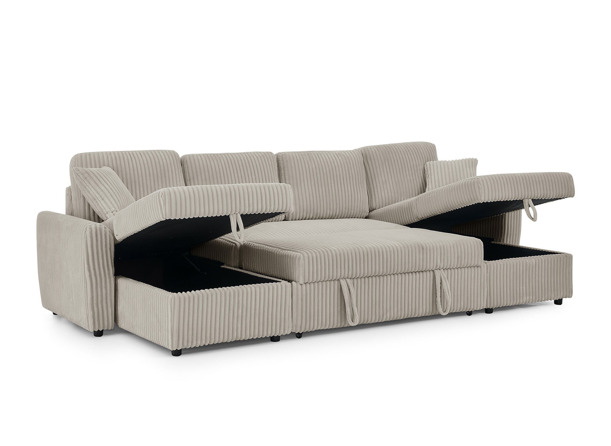 ADRYEN Panorama-Schlafsofa mit Stauraum in dickem taupefarbenem Cord